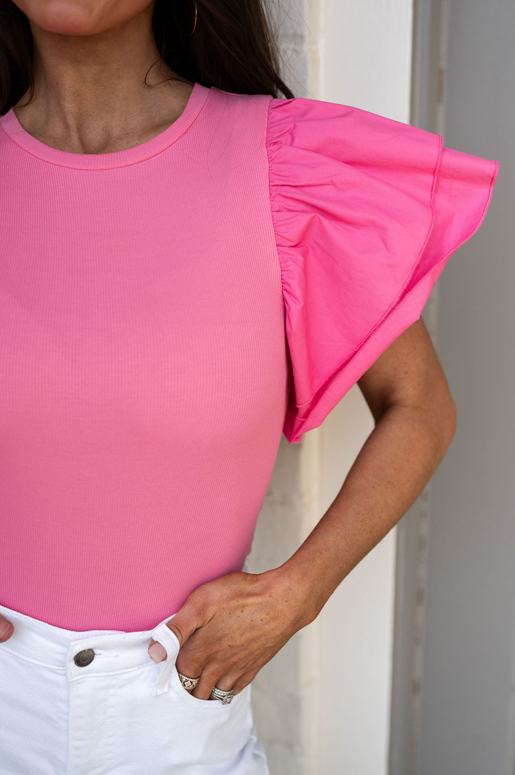 Kenny Wing Ruffle Sleeve Bodysuit- Pink