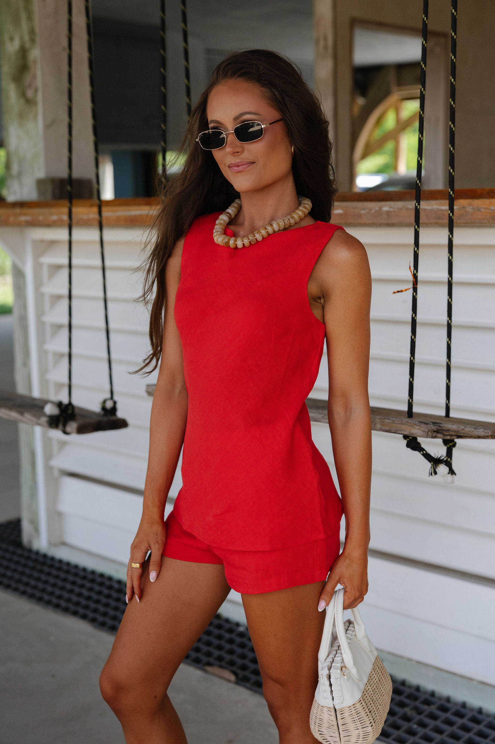 Juda Linen Shorts Set-Red
