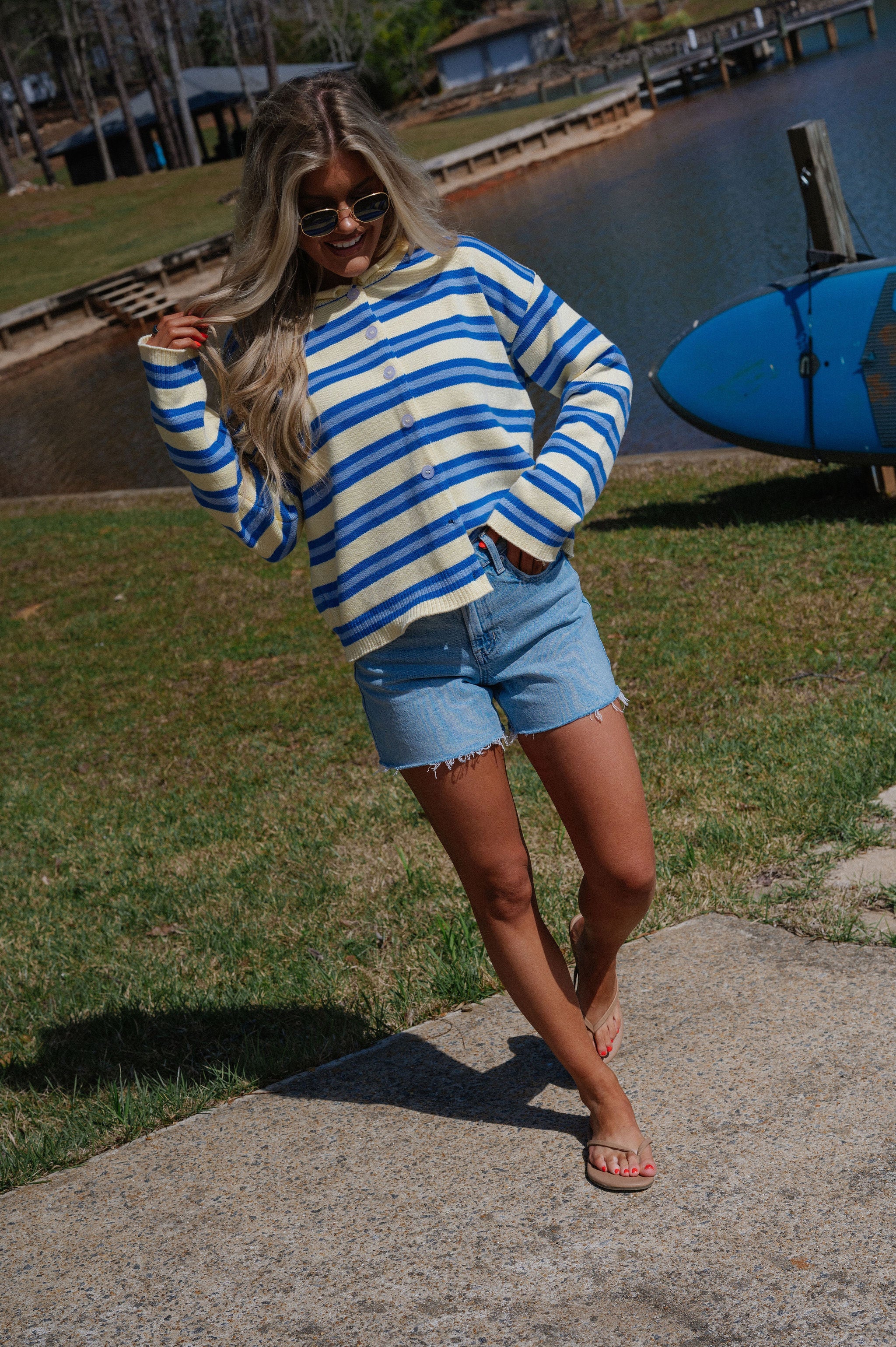 Daisy Striped Cardigan-Yellow/Blue