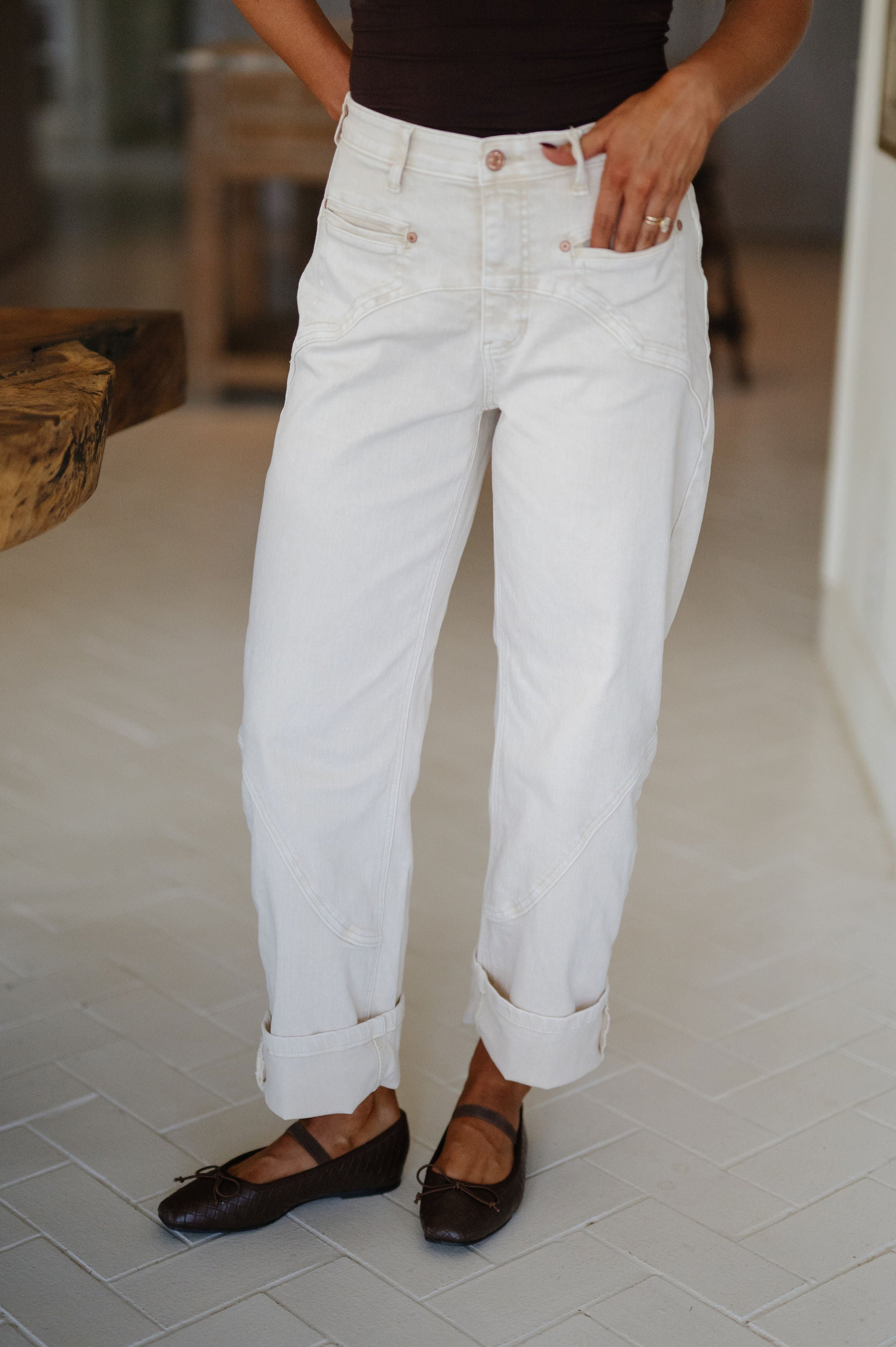 Sammy High Rise Western Barrel Jeans-Light Beige