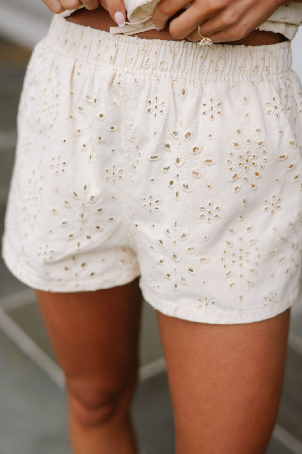 Eyelet Front Tie Shorts Set-Cream