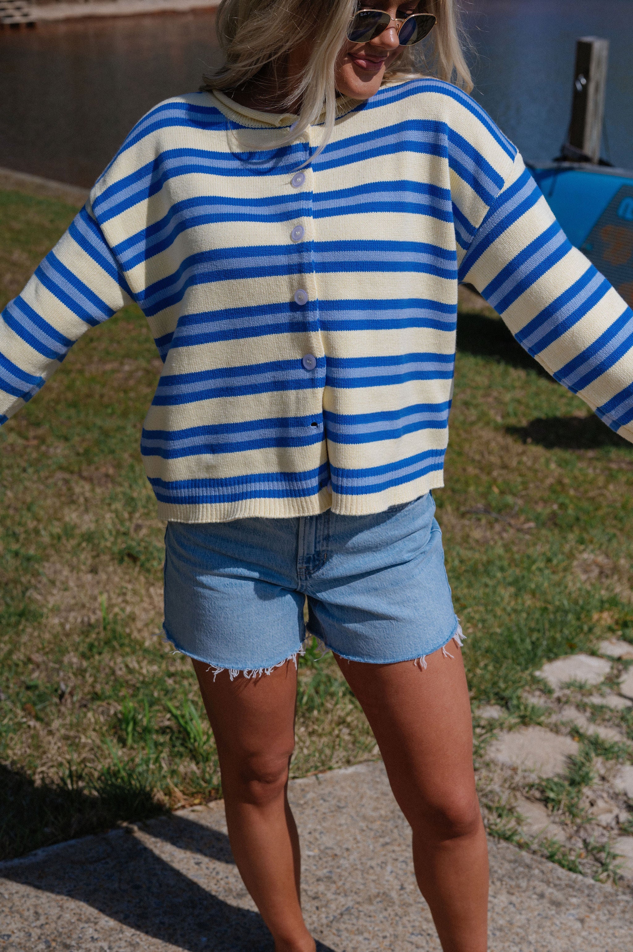 Daisy Striped Cardigan-Yellow/Blue