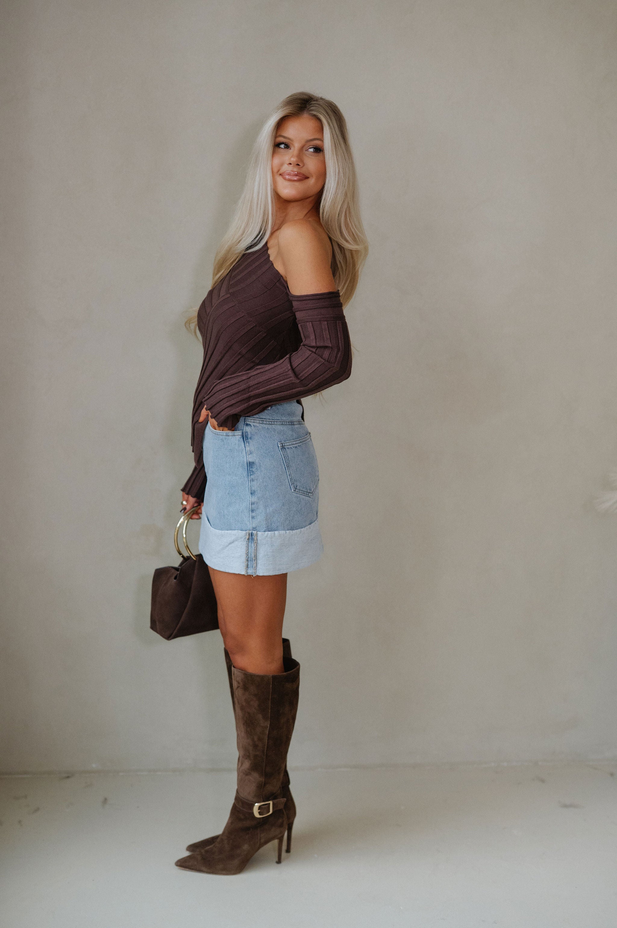 Asymmetrical Hem Sweater Top-Espresso