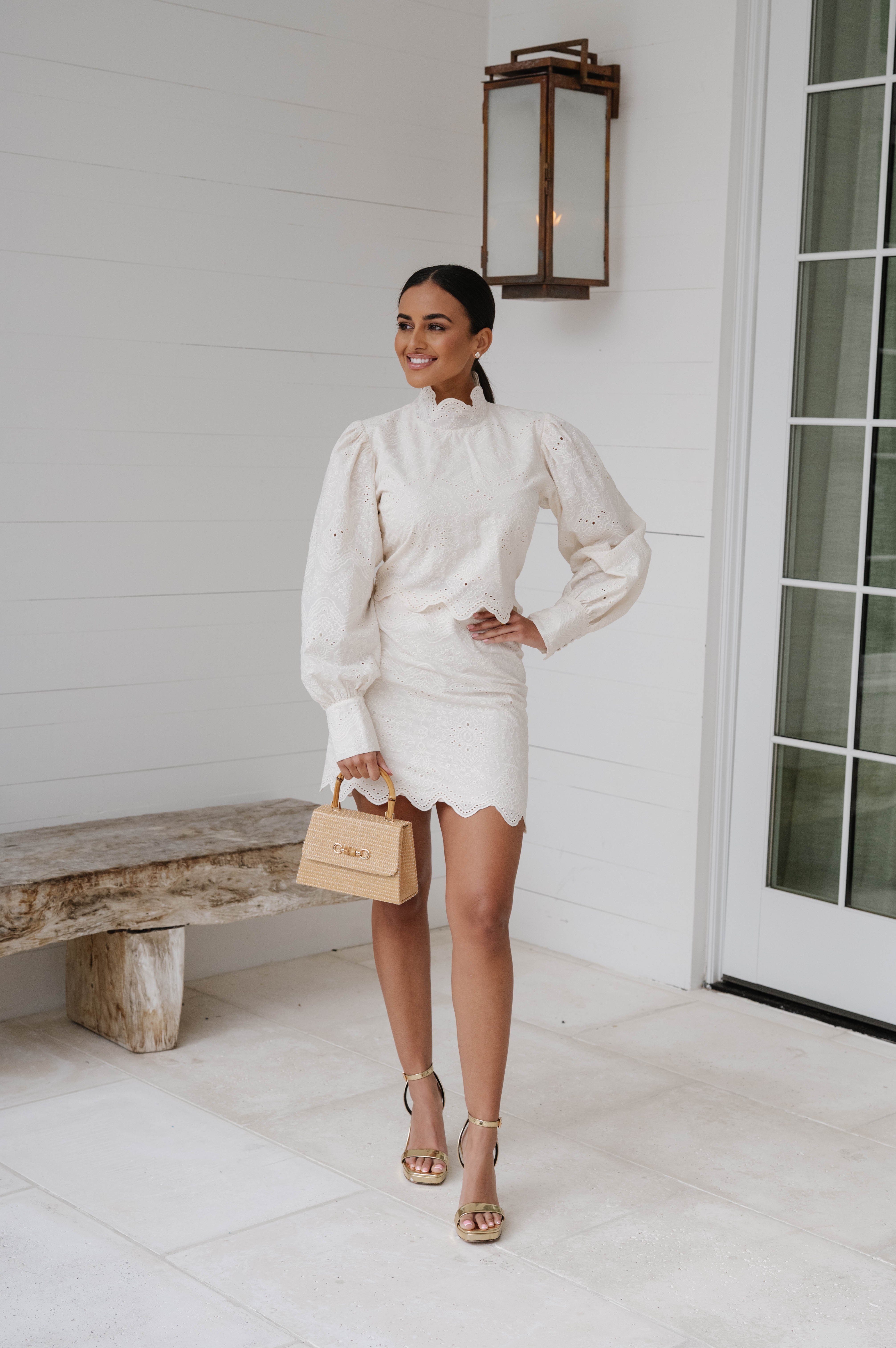 Embroidered Mini Skirt Set-Cream