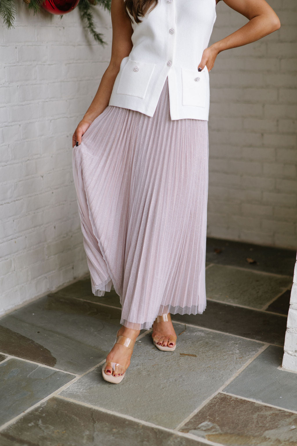 Double Mesh Pleated Skirt- Blush