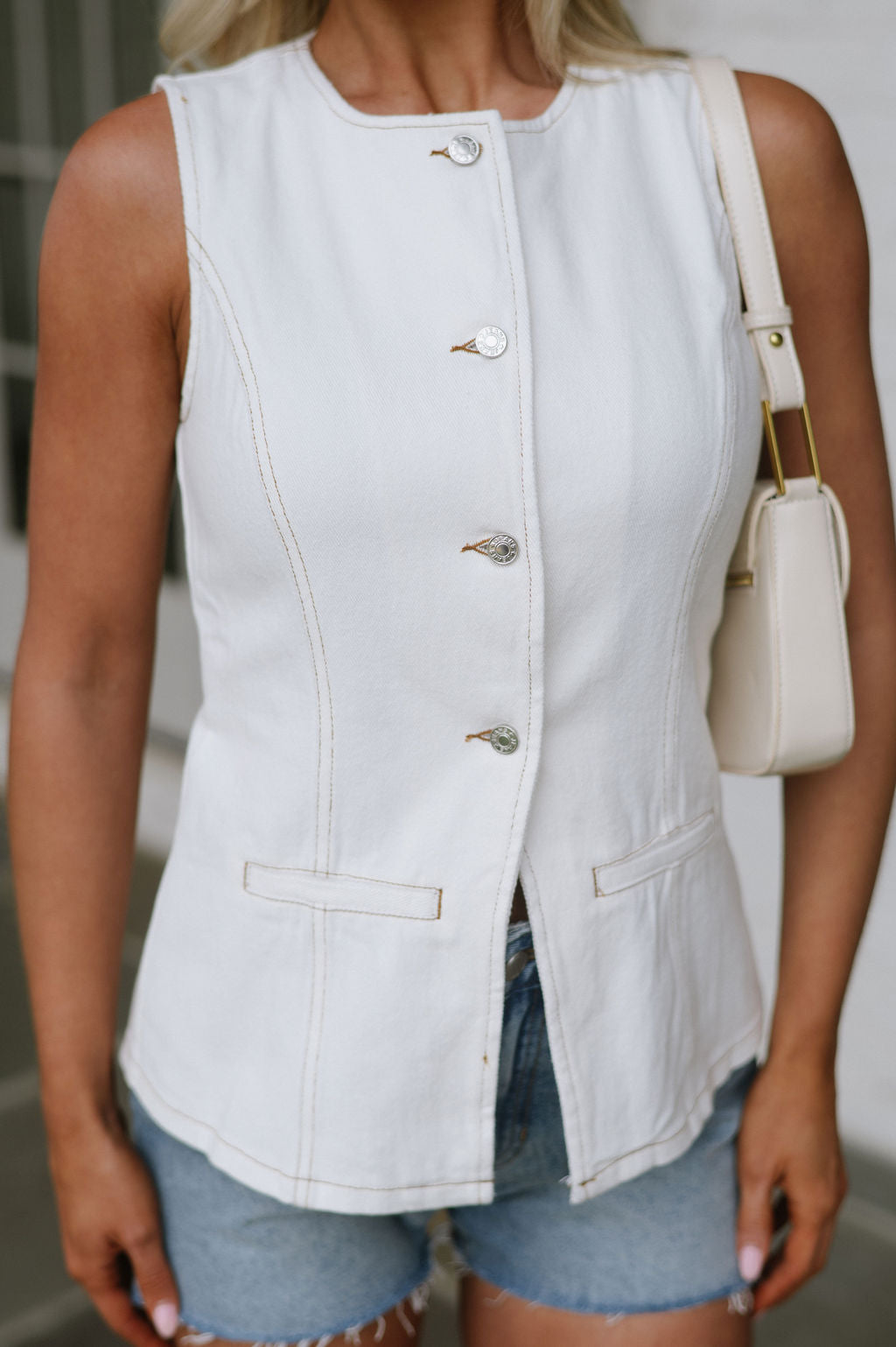 Karly Button Down Denim Vest-Off White