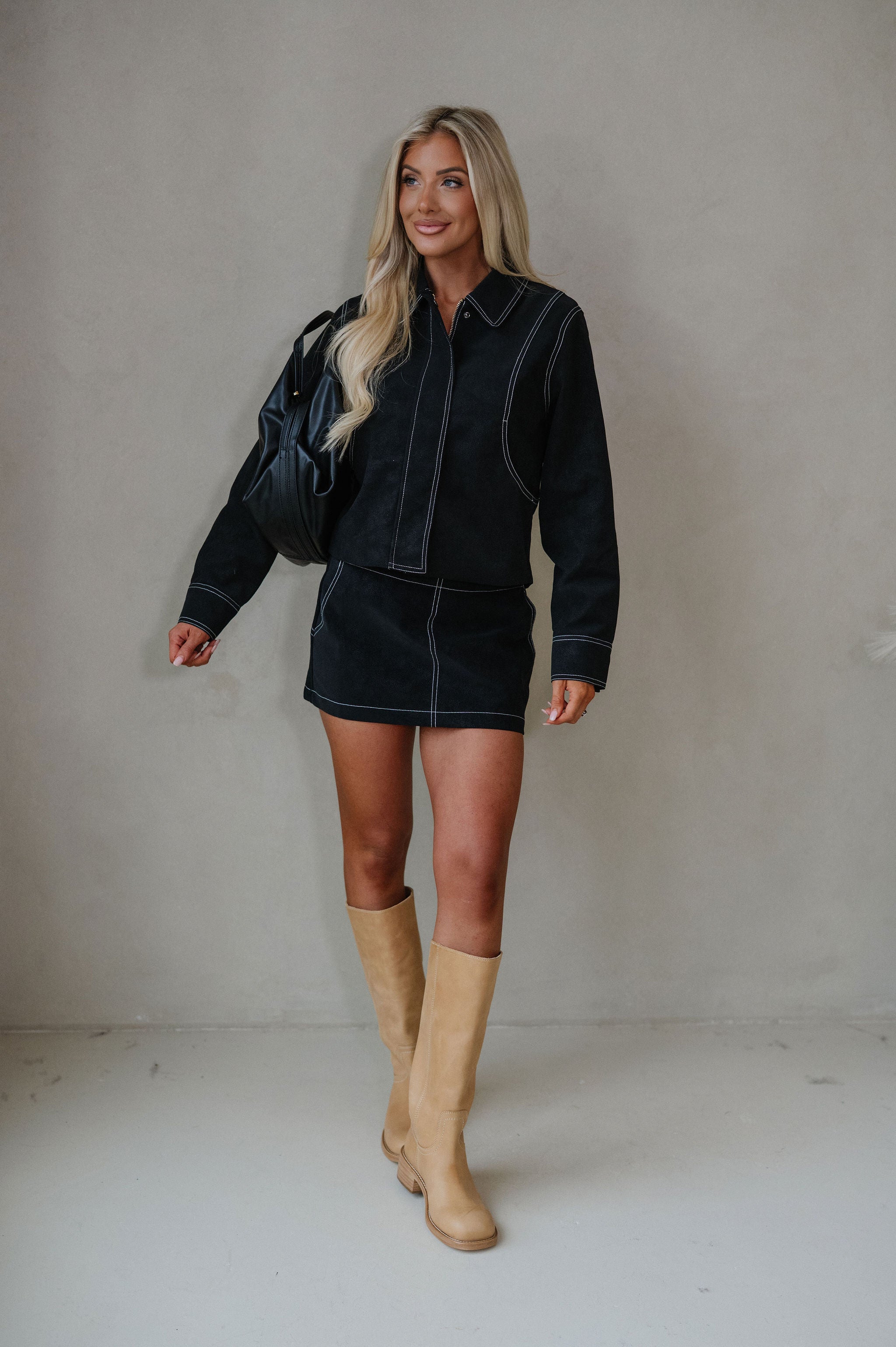 Contrast Stitch Skirt Set-Black