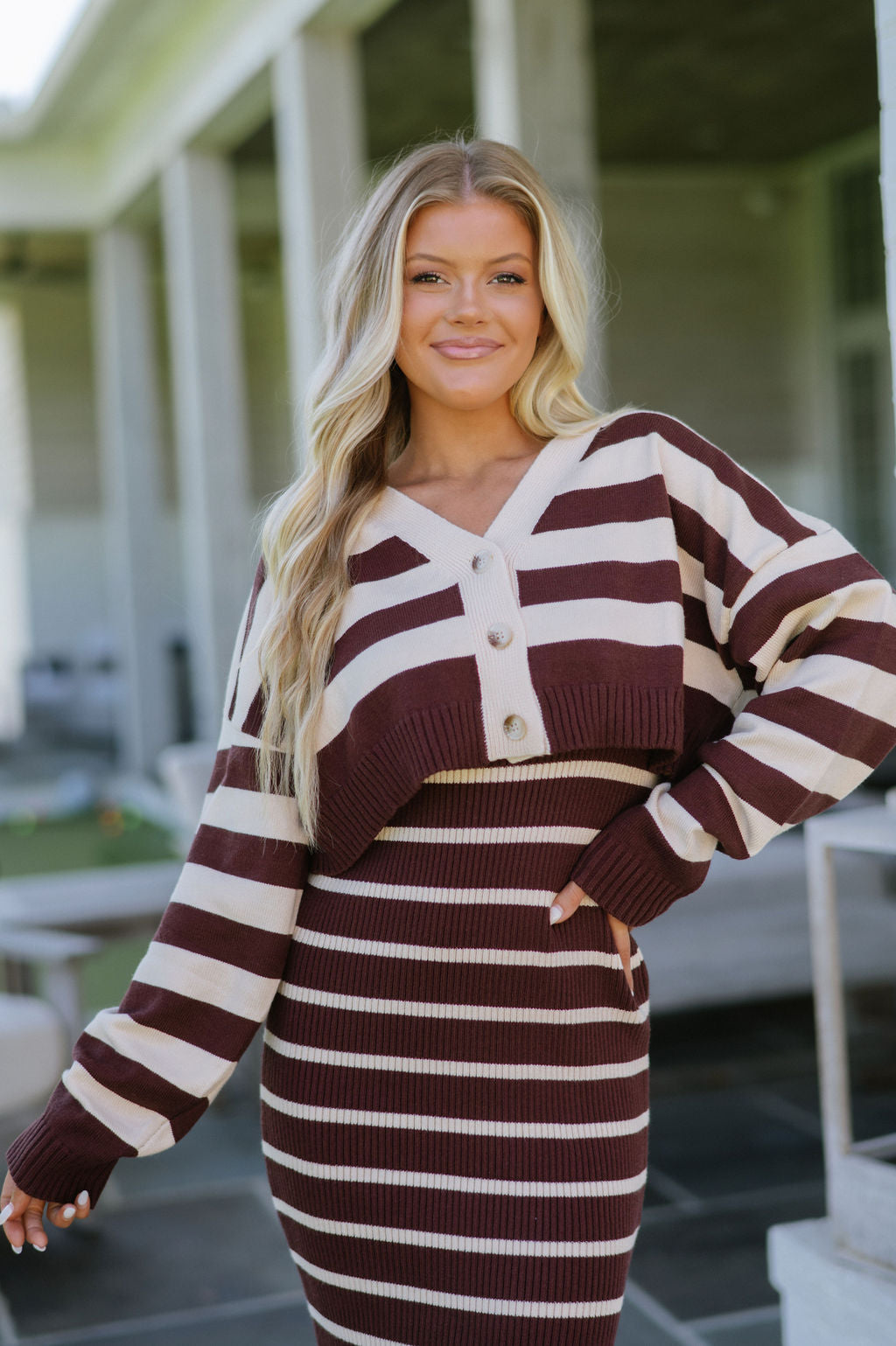 Striped Sweater Knit Dress & Cardigan Set-Dark Brown