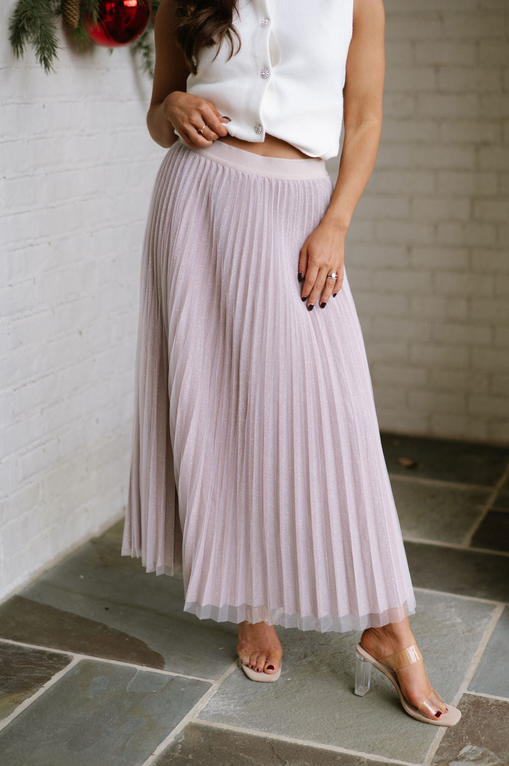 Double Mesh Pleated Skirt- Blush