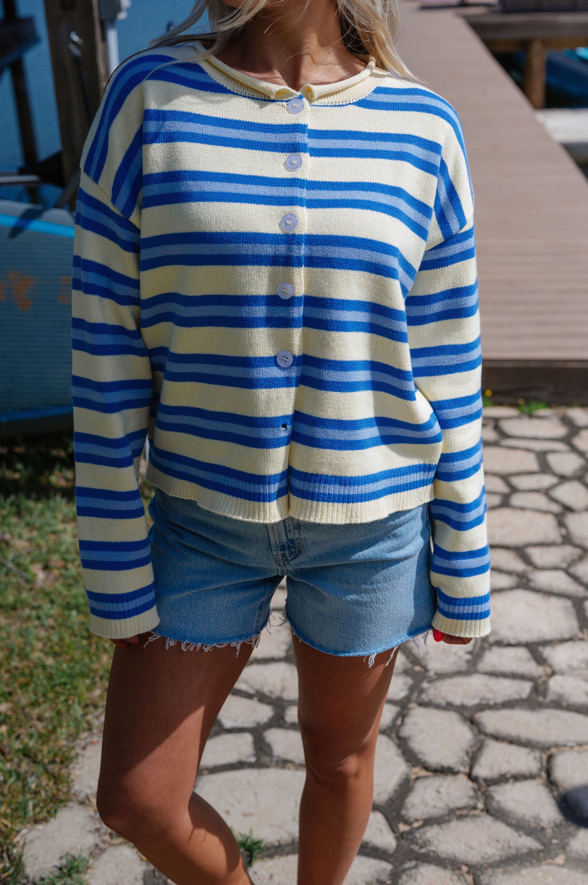 Daisy Striped Cardigan-Yellow/Blue