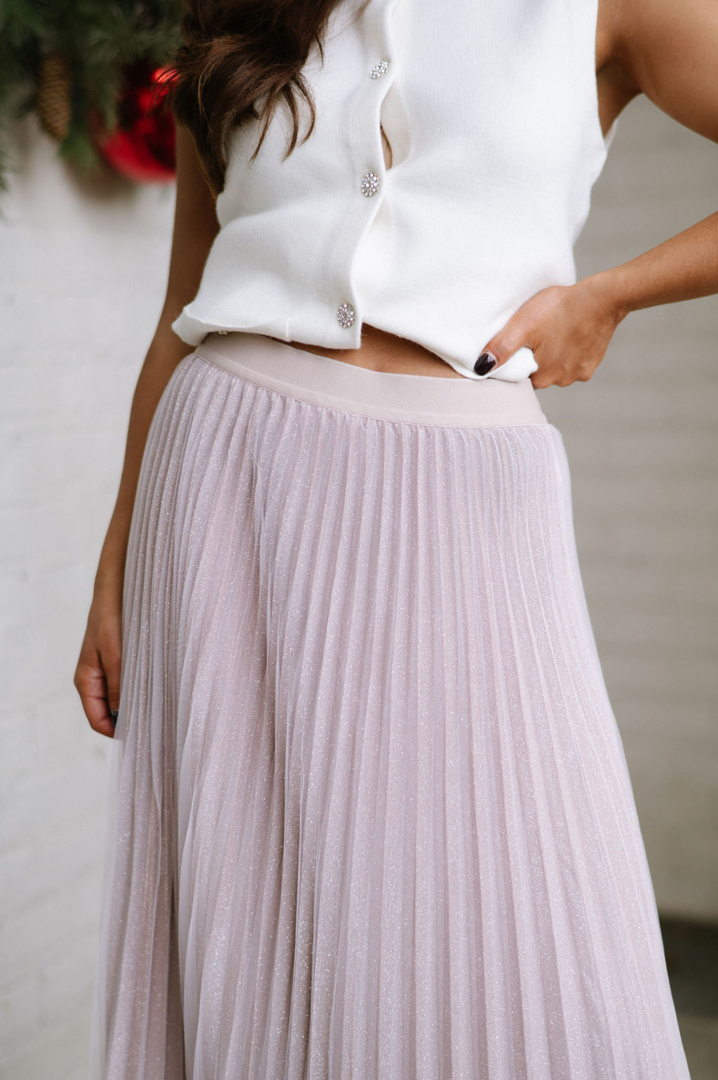 Double Mesh Pleated Skirt- Blush