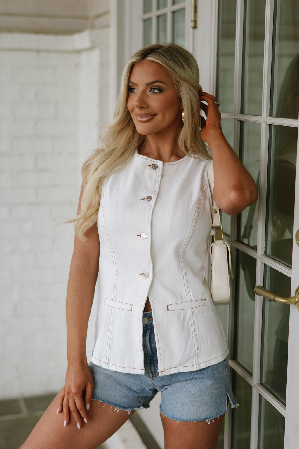 Karly Button Down Denim Vest-Off White