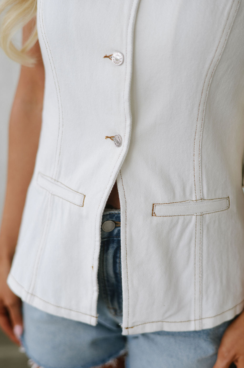 Karly Button Down Denim Vest-Off White