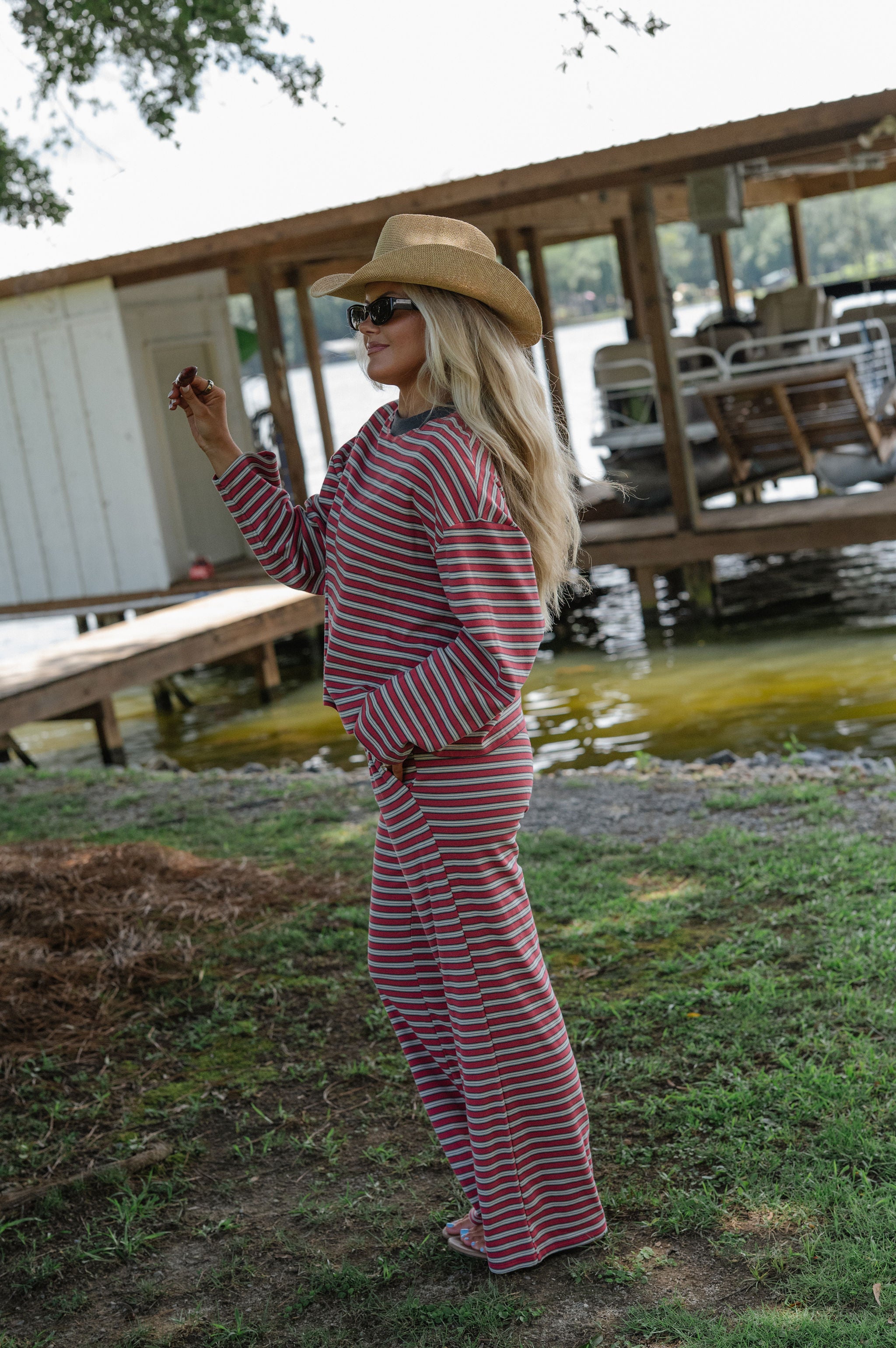 Marren Striped Pants Set-Burnt Red