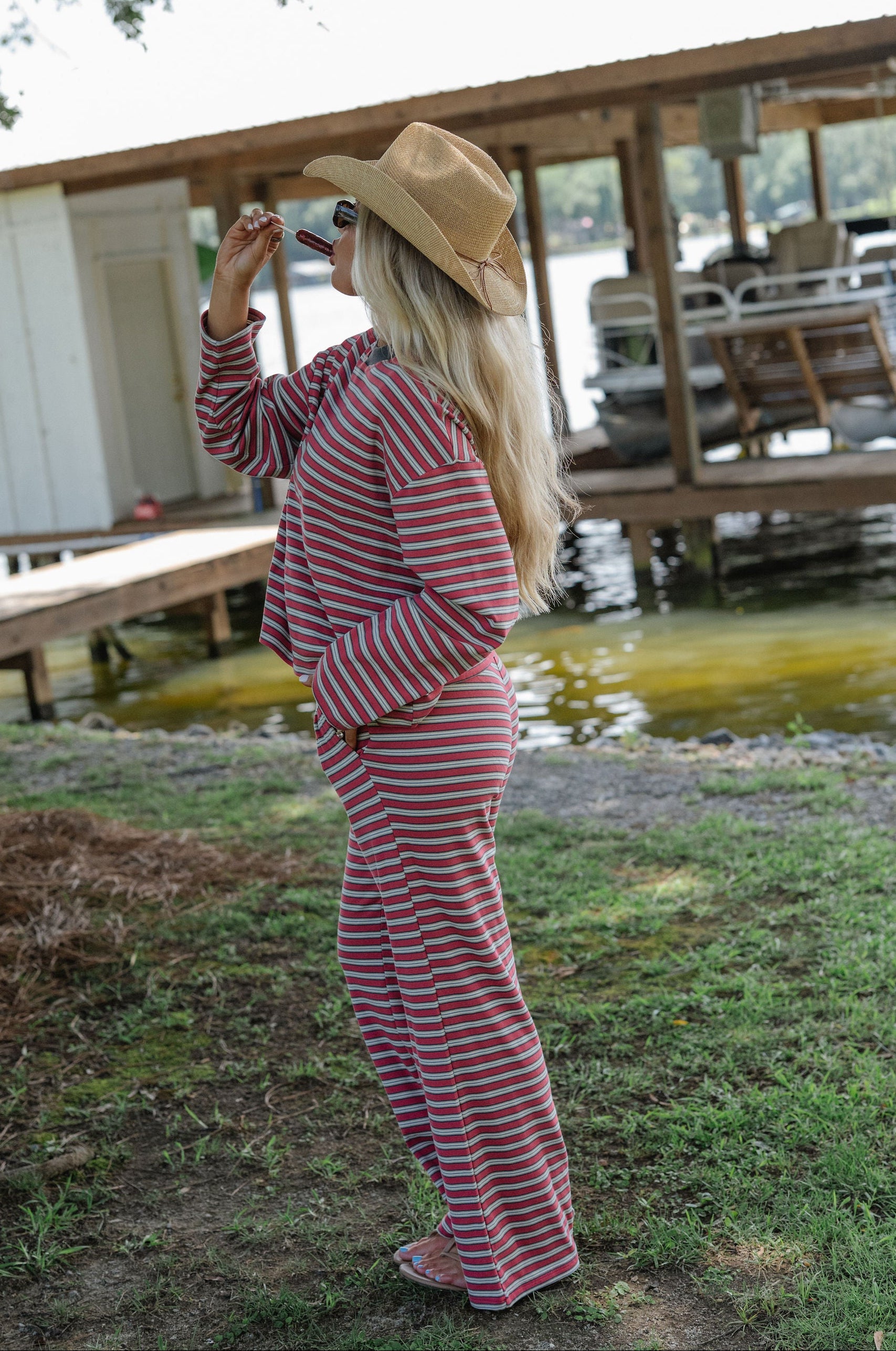 Marren Striped Pants Set-Burnt Red