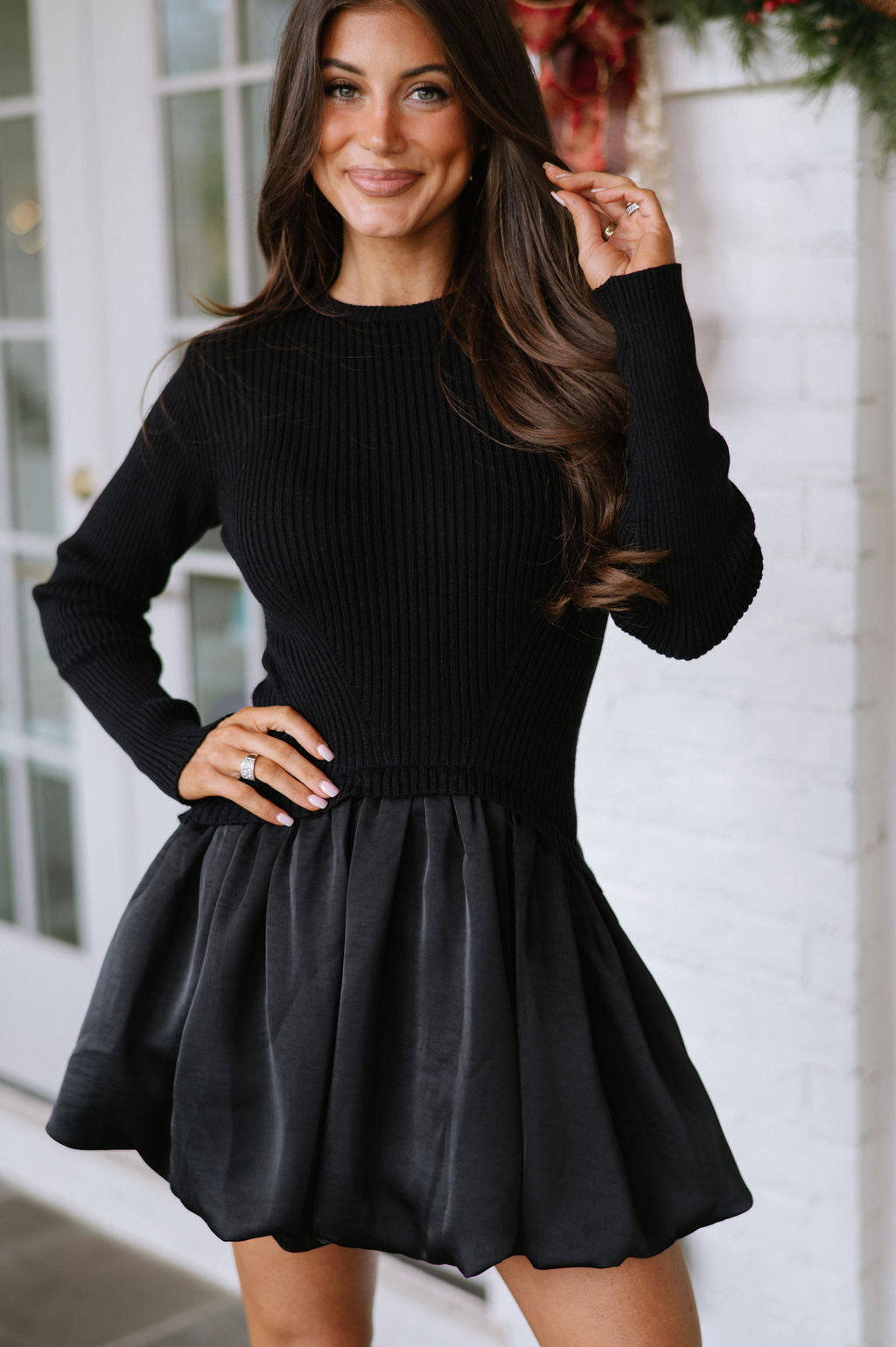 Ribbed Bubble Skirt Mini Dress-Black