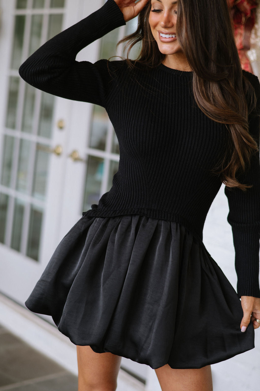 Ribbed Bubble Skirt Mini Dress-Black