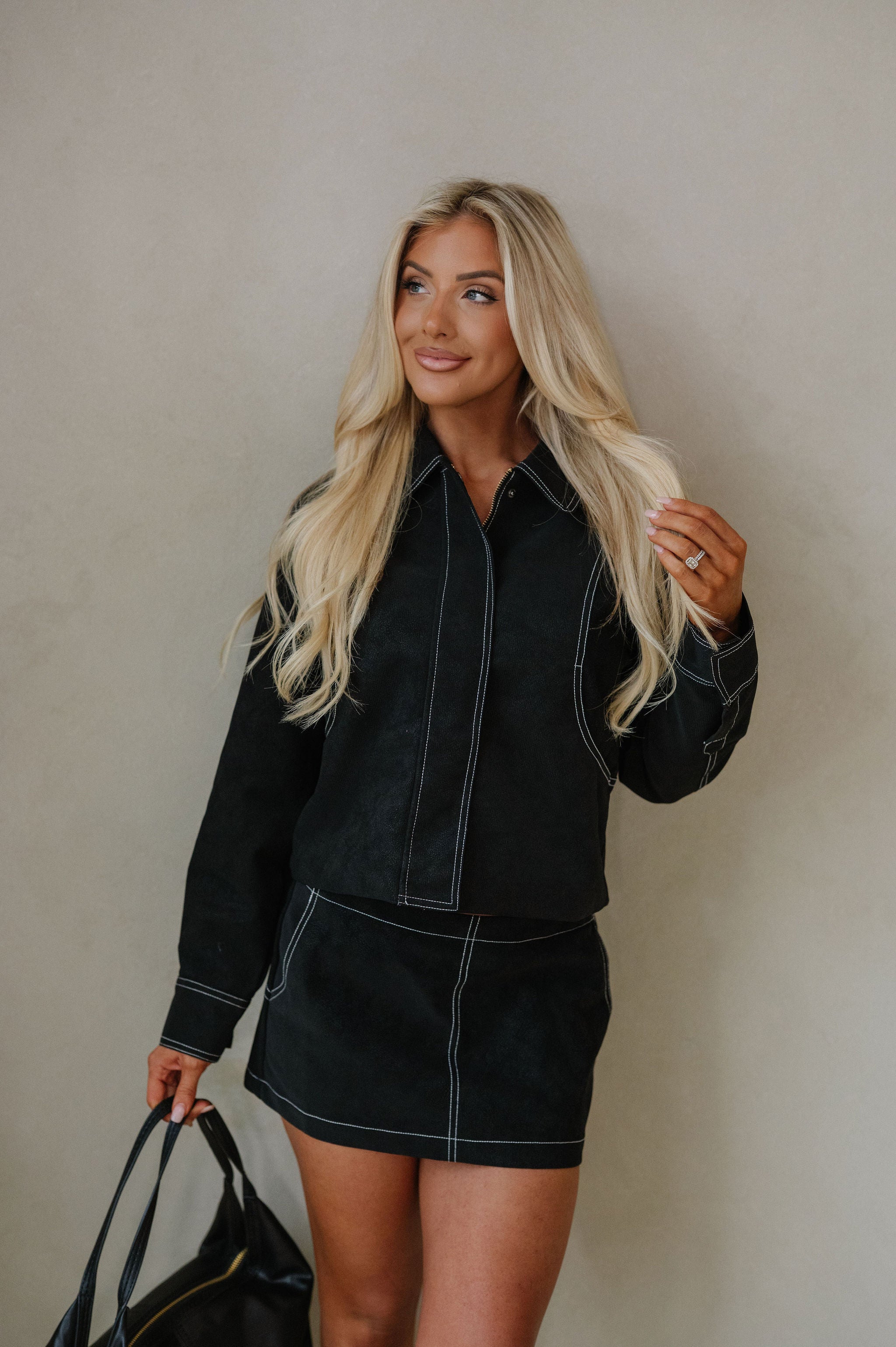 Contrast Stitch Skirt Set-Black