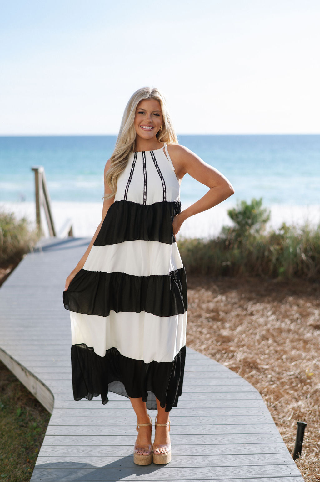 Chiffon Ruffle Maxi Dress-Cream/Black