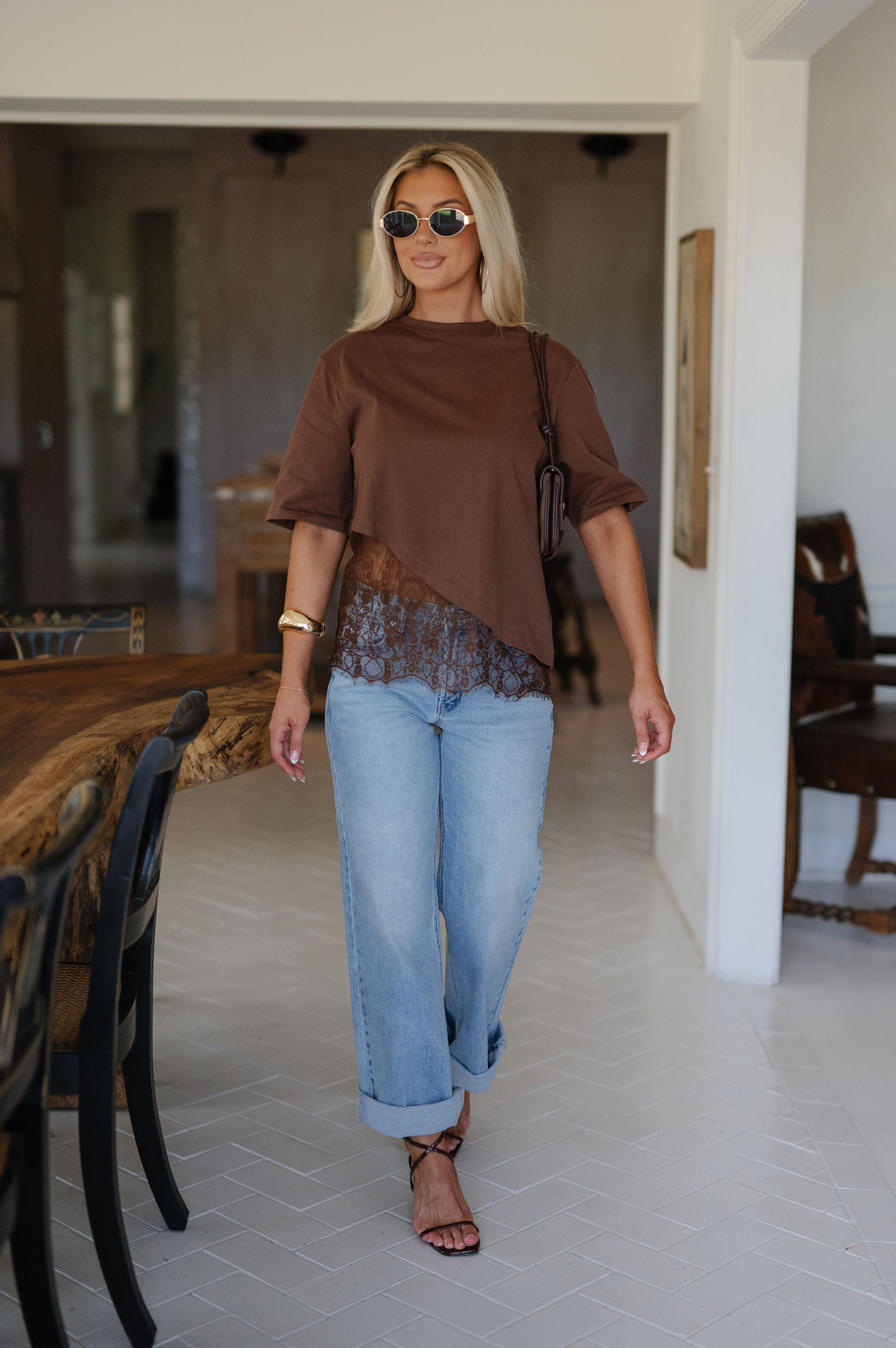 Addison Layered Hem Tee Top-Brown
