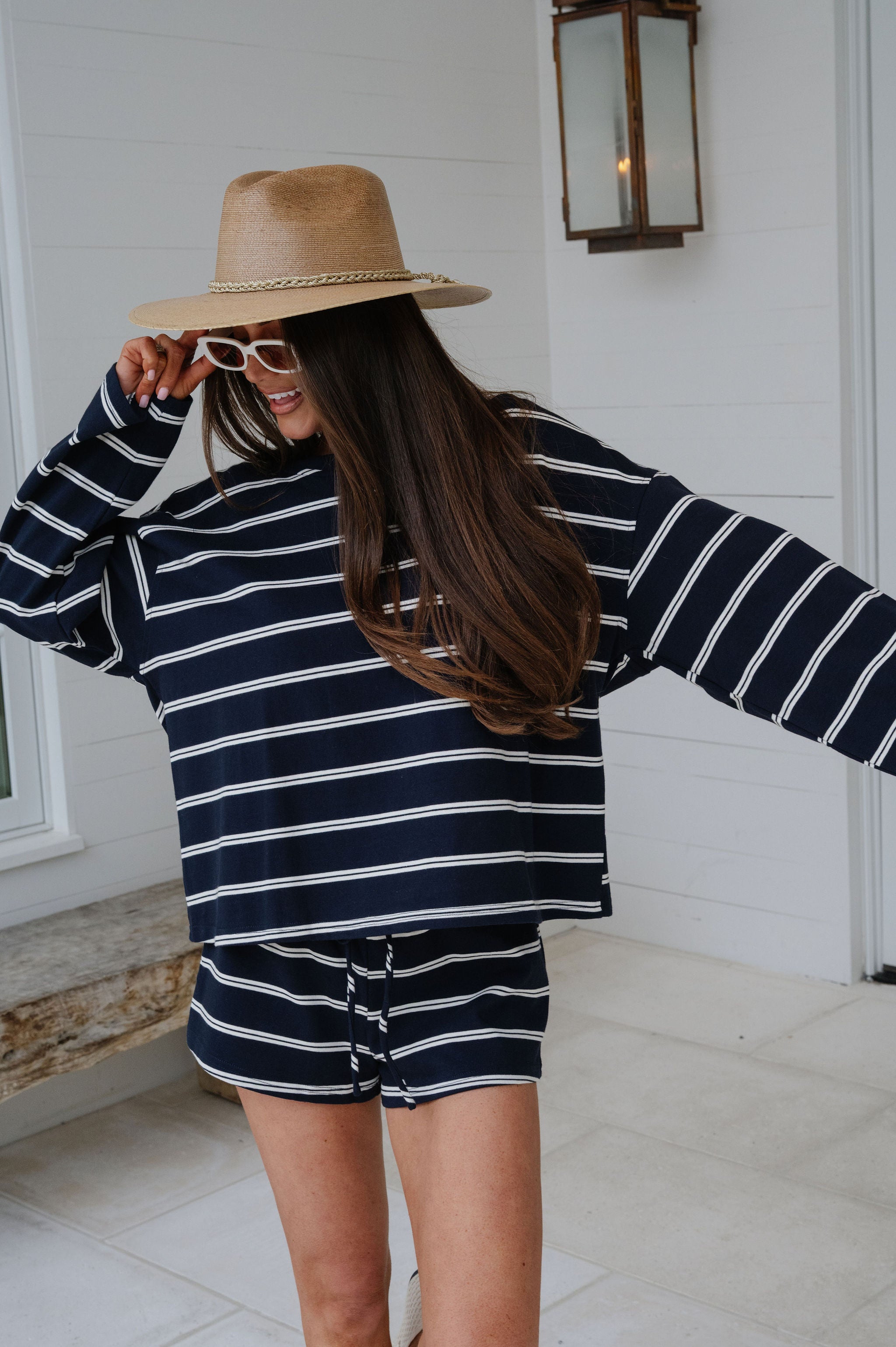 Faith Striped Shorts Set-Navy/Cream