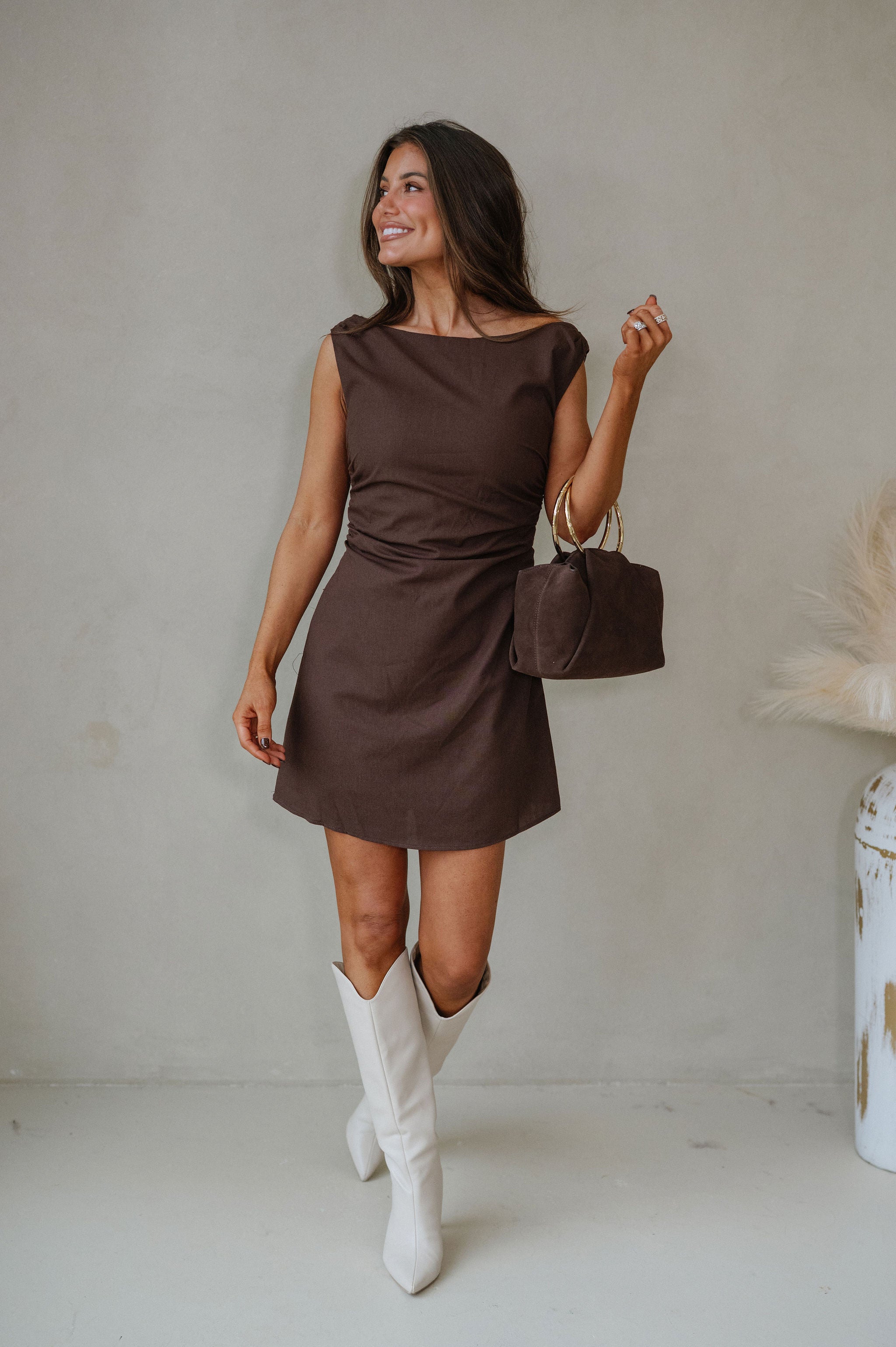 Foxie Ruched Mini Dress-Espresso