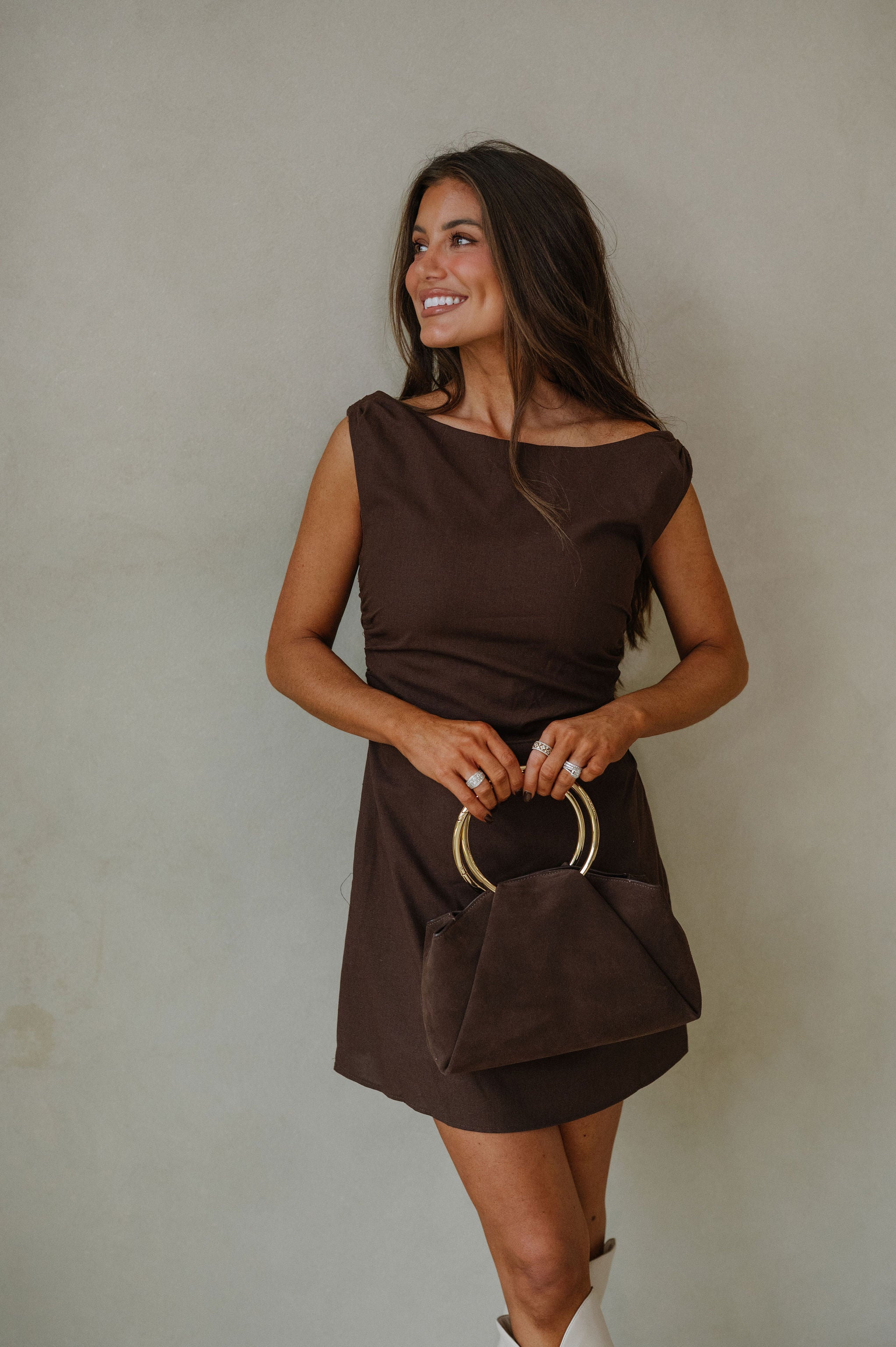 Foxie Ruched Mini Dress-Espresso