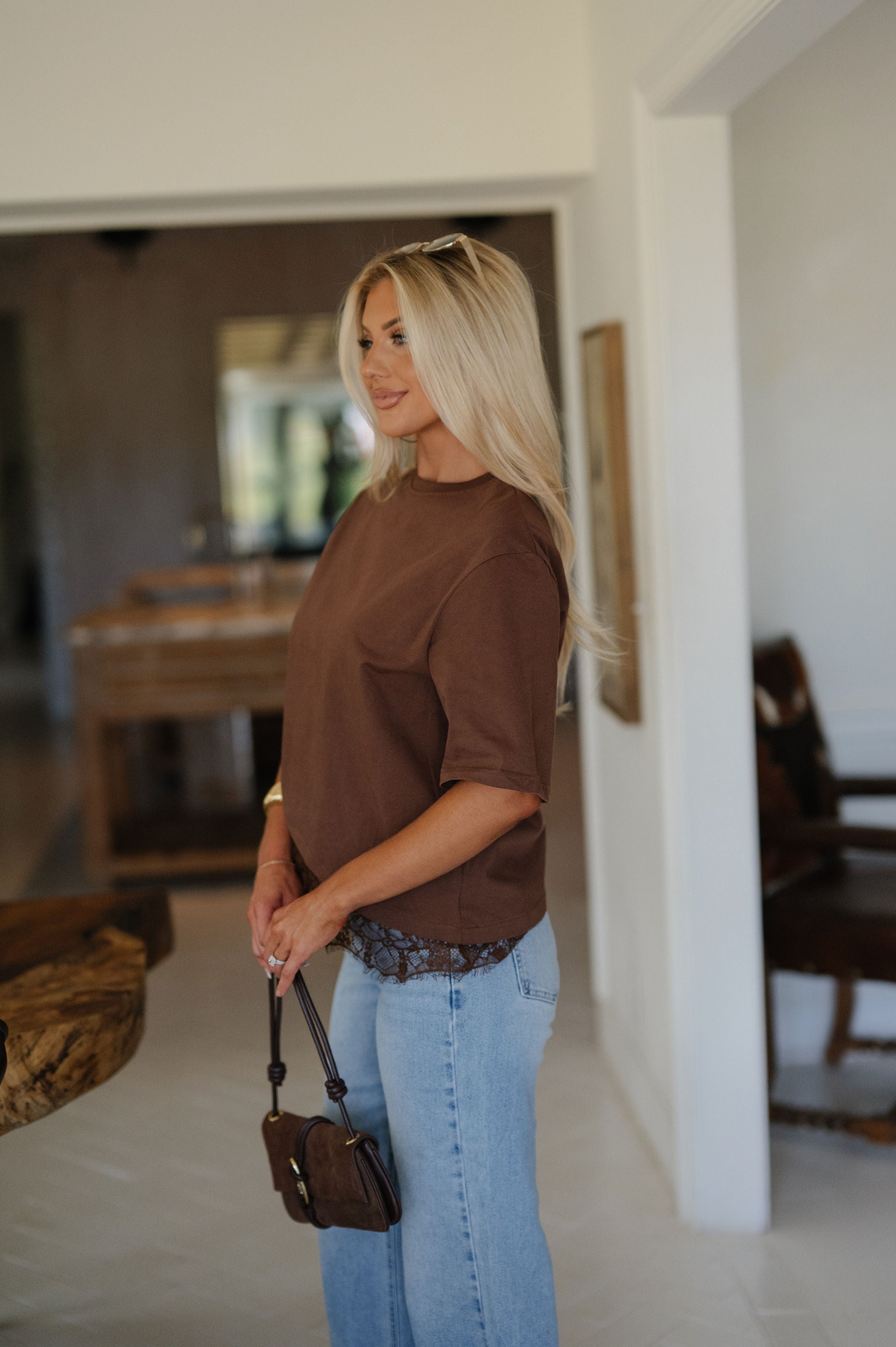 Addison Layered Hem Tee Top-Brown