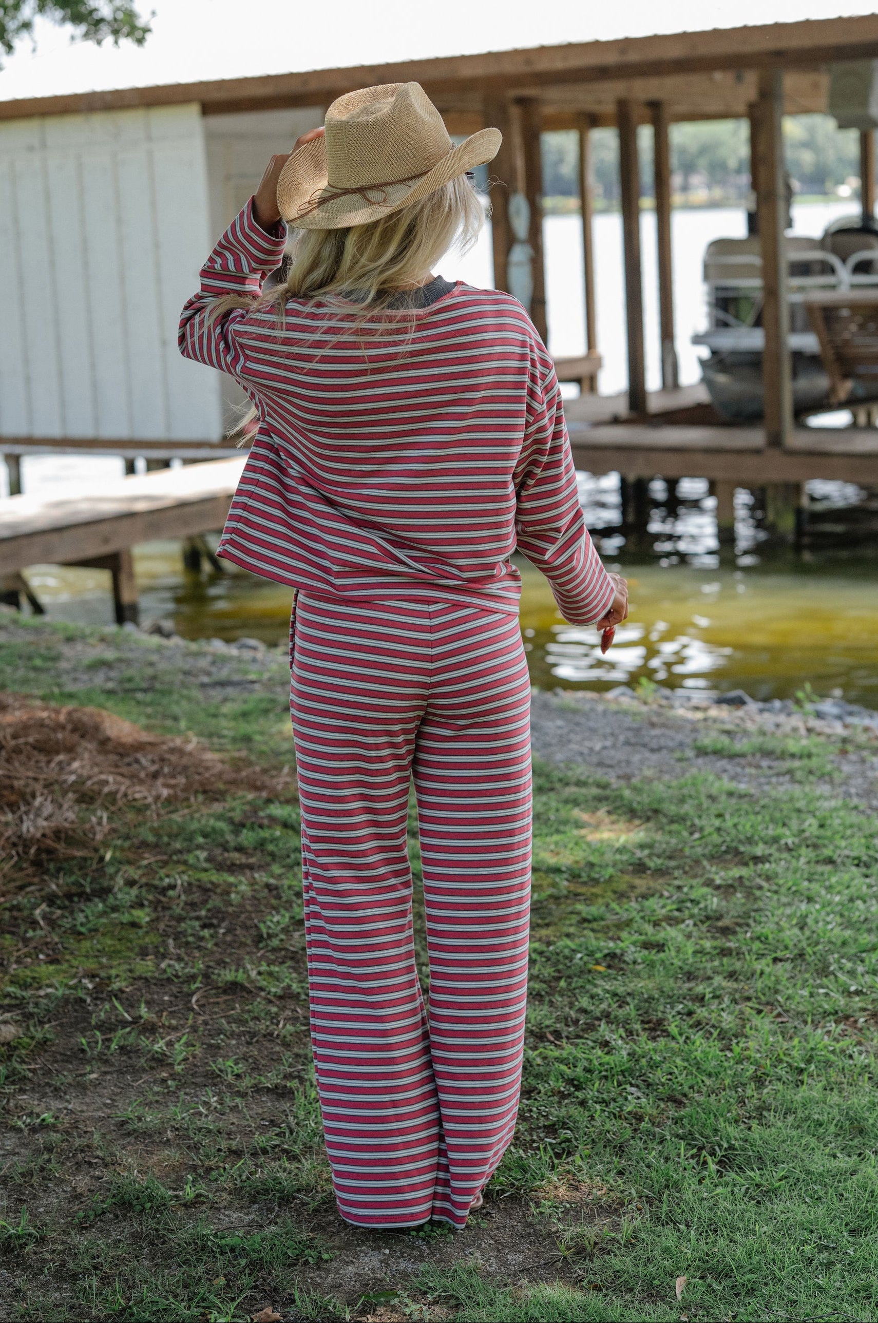 Marren Striped Pants Set-Burnt Red