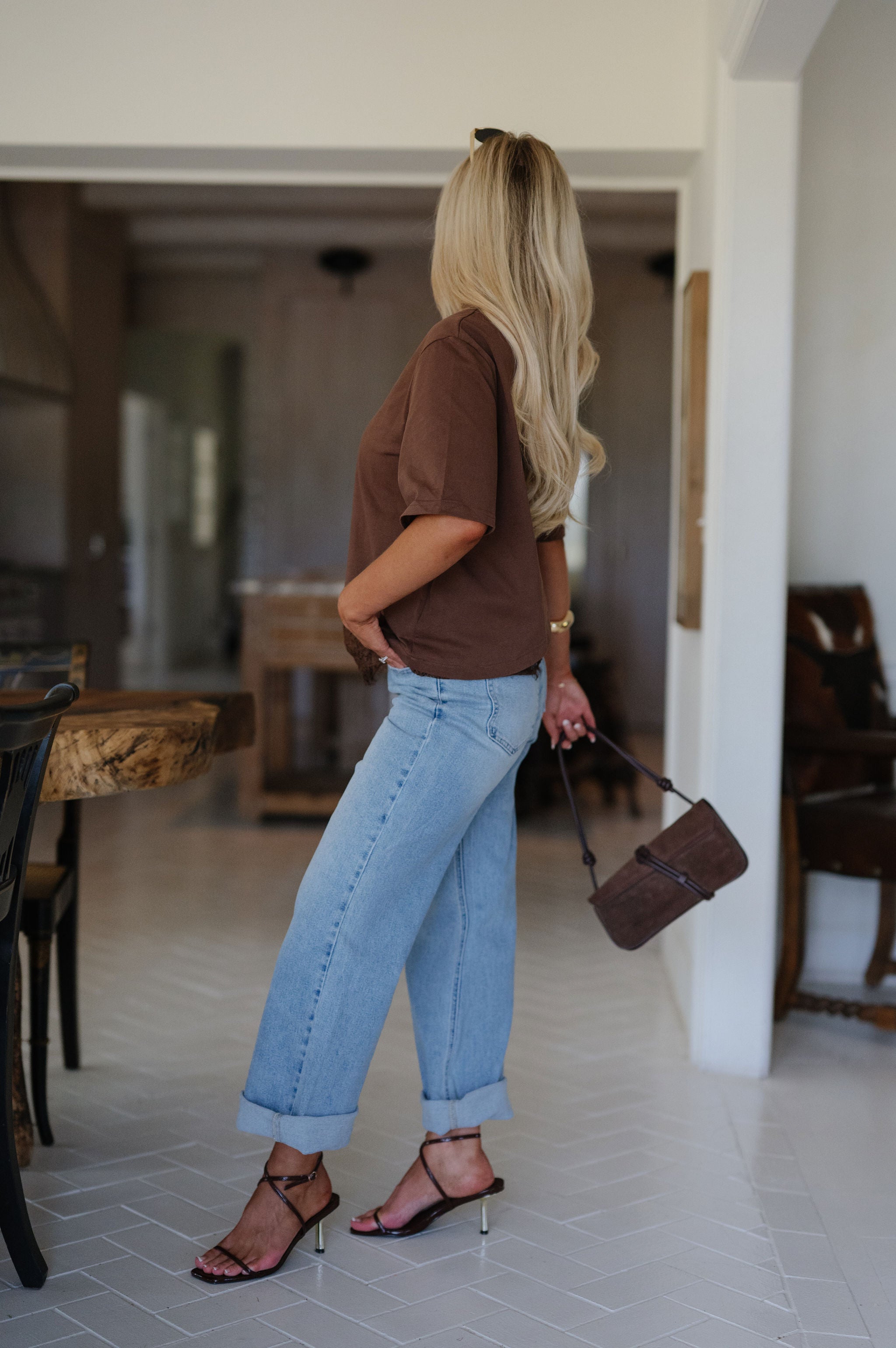 Addison Layered Hem Tee Top-Brown