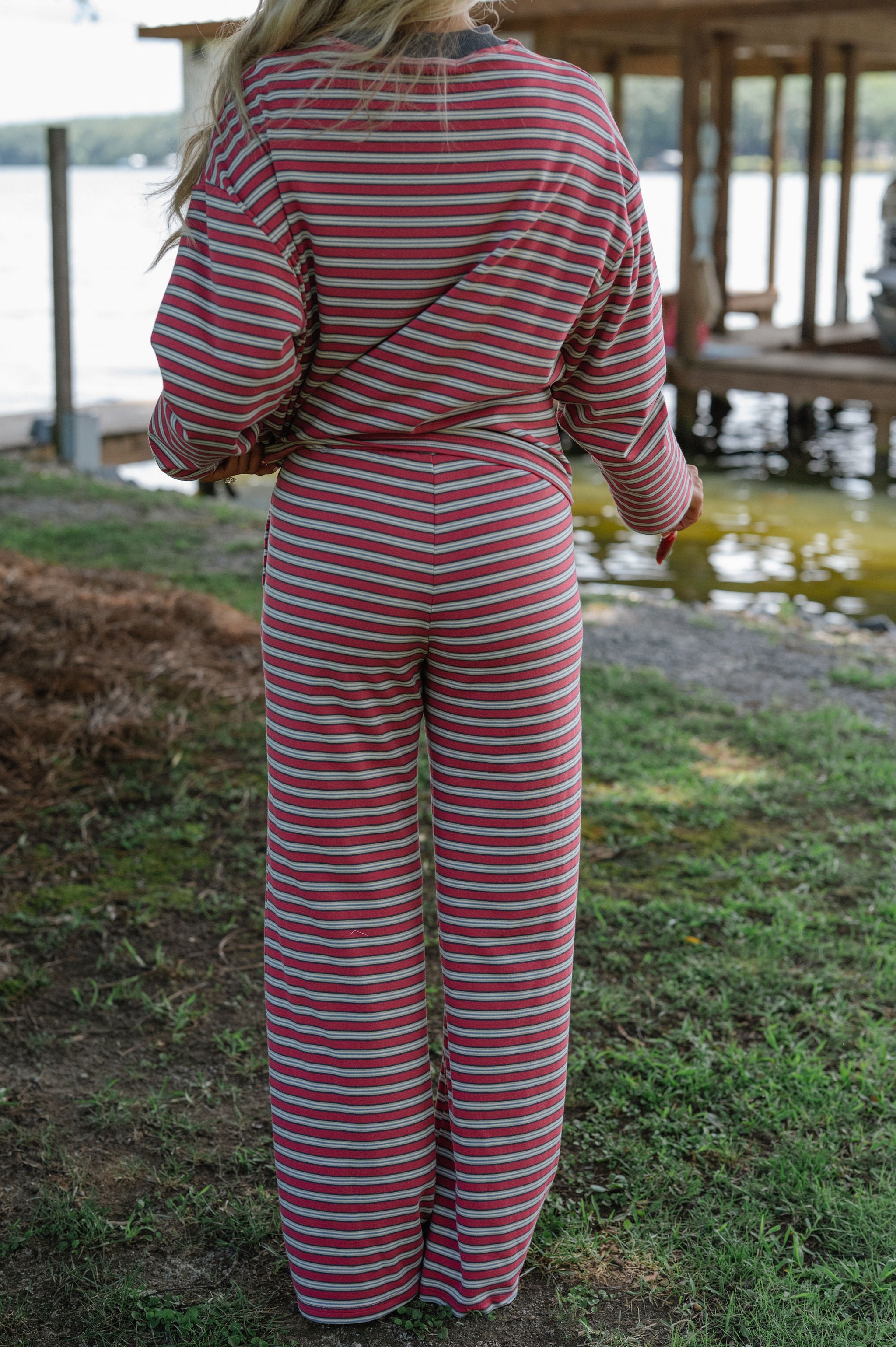 Marren Striped Pants Set-Burnt Red