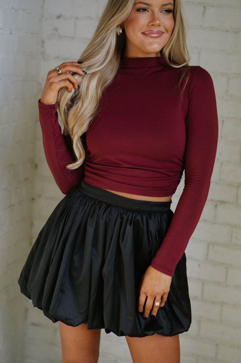 Satin Bubble Mini Skirt-Black