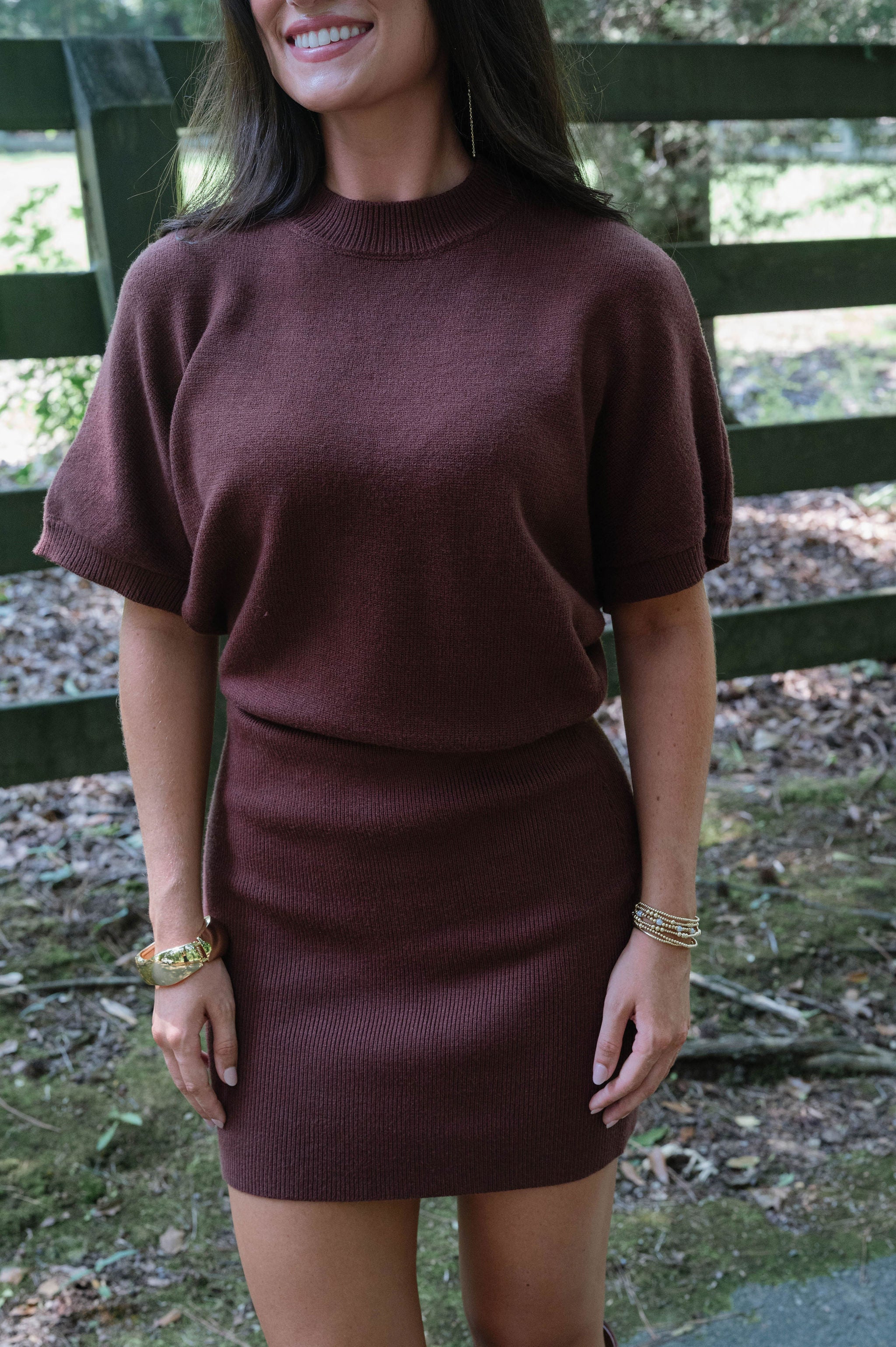 Short Sleeve Mini Sweater Dress-Chocolate