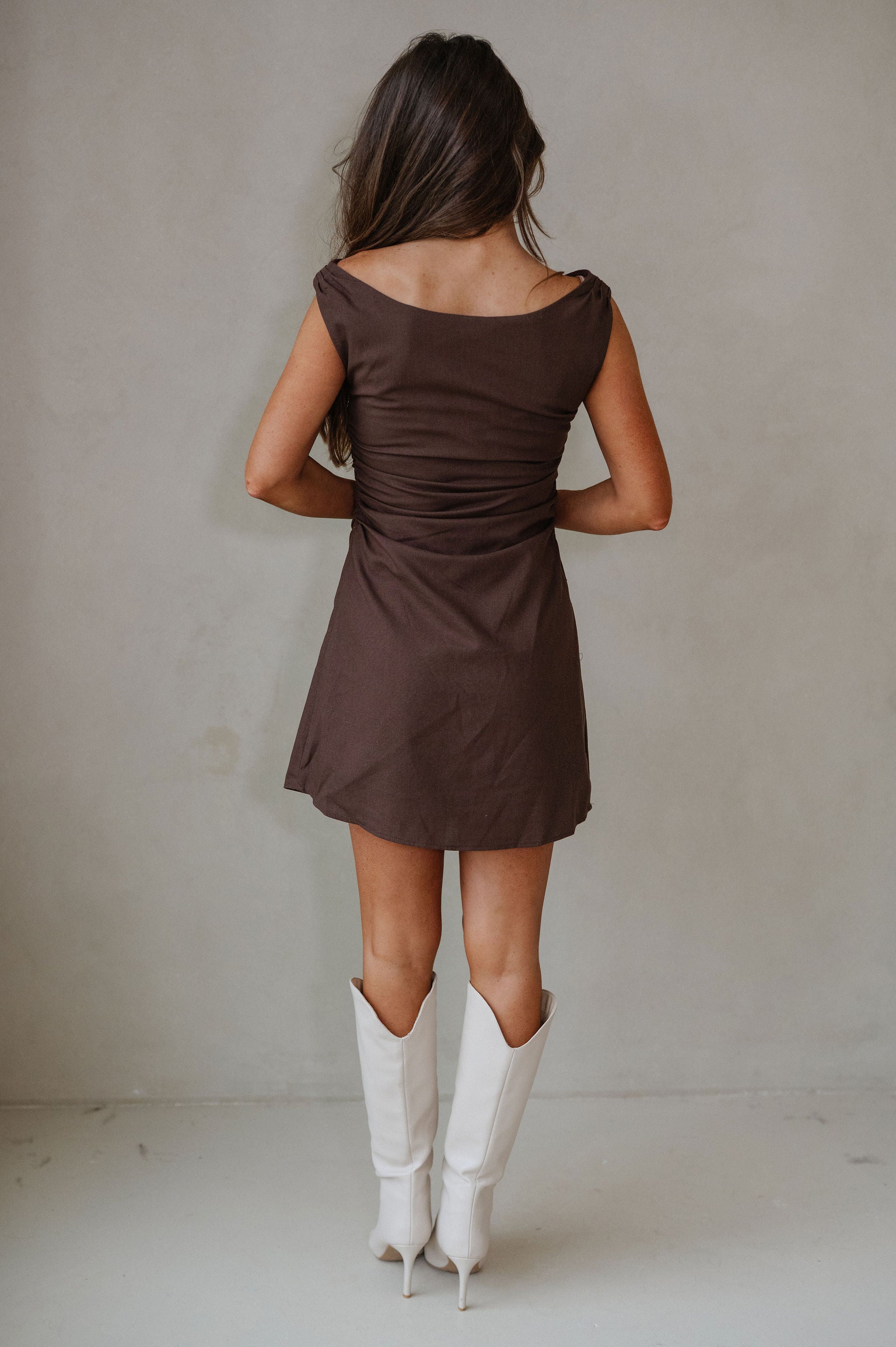 Foxie Ruched Mini Dress-Espresso