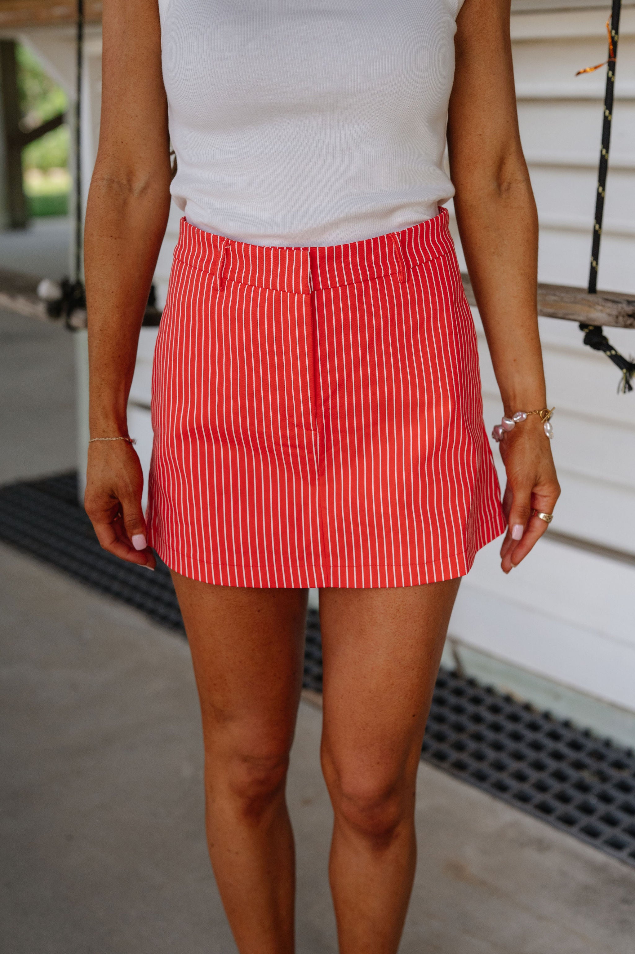 High Waisted Stripe Skort-Red