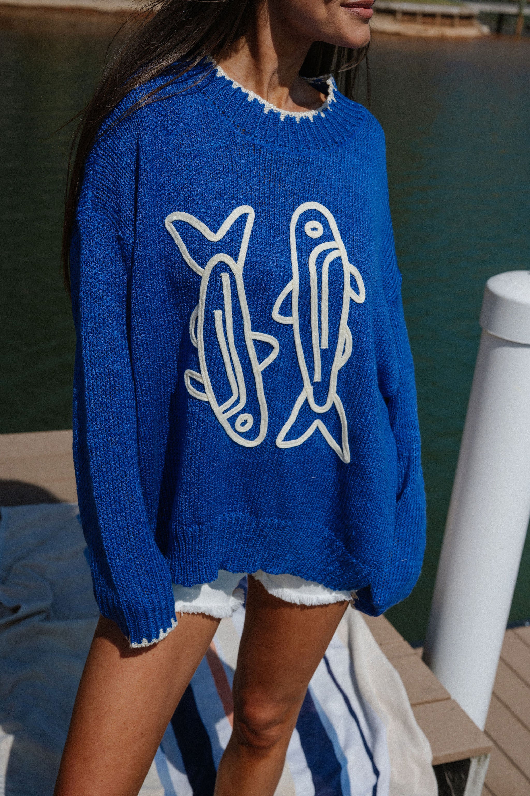 Sardine Applique Sweater-Blue