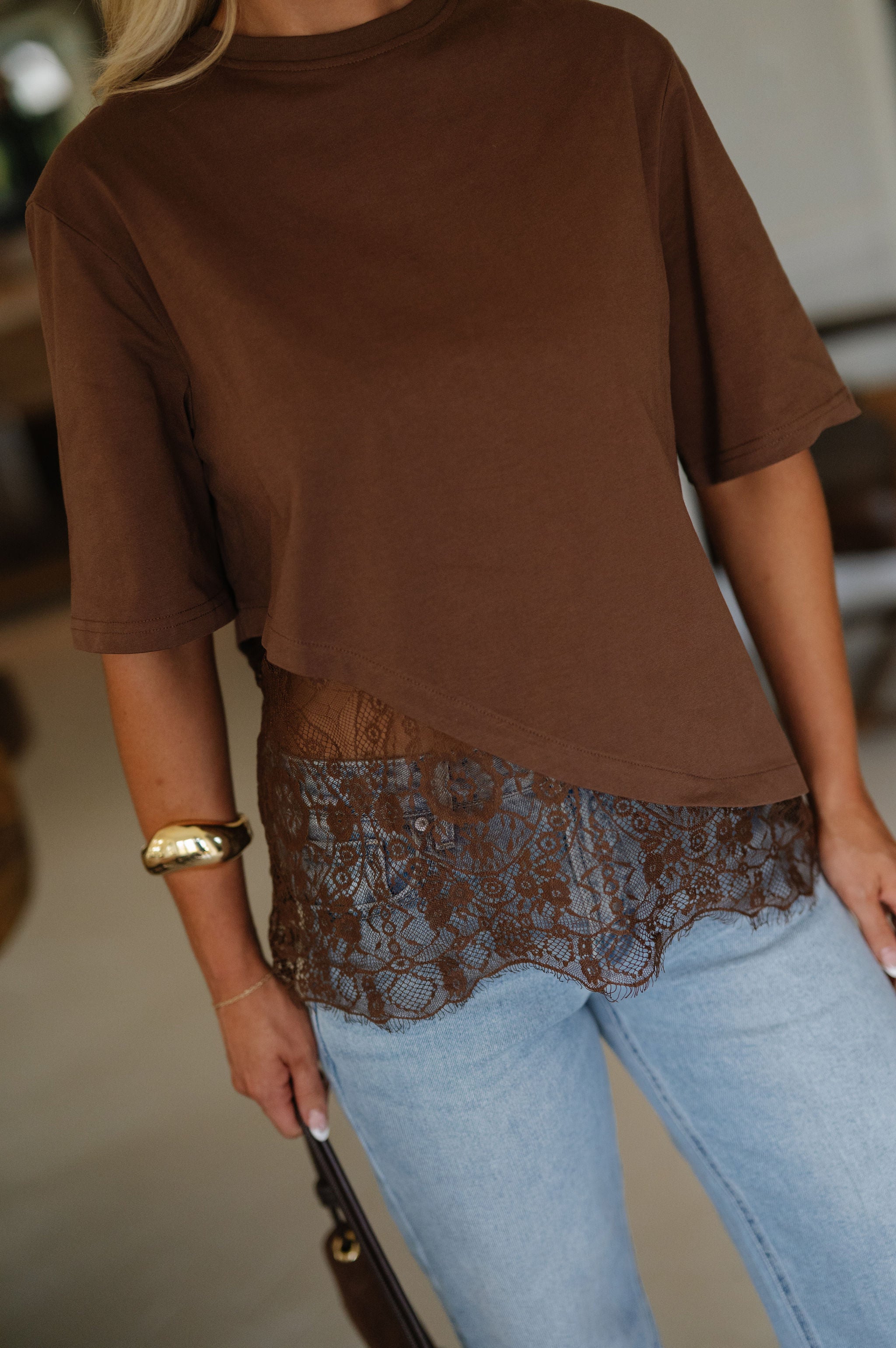 Addison Layered Hem Tee Top-Brown