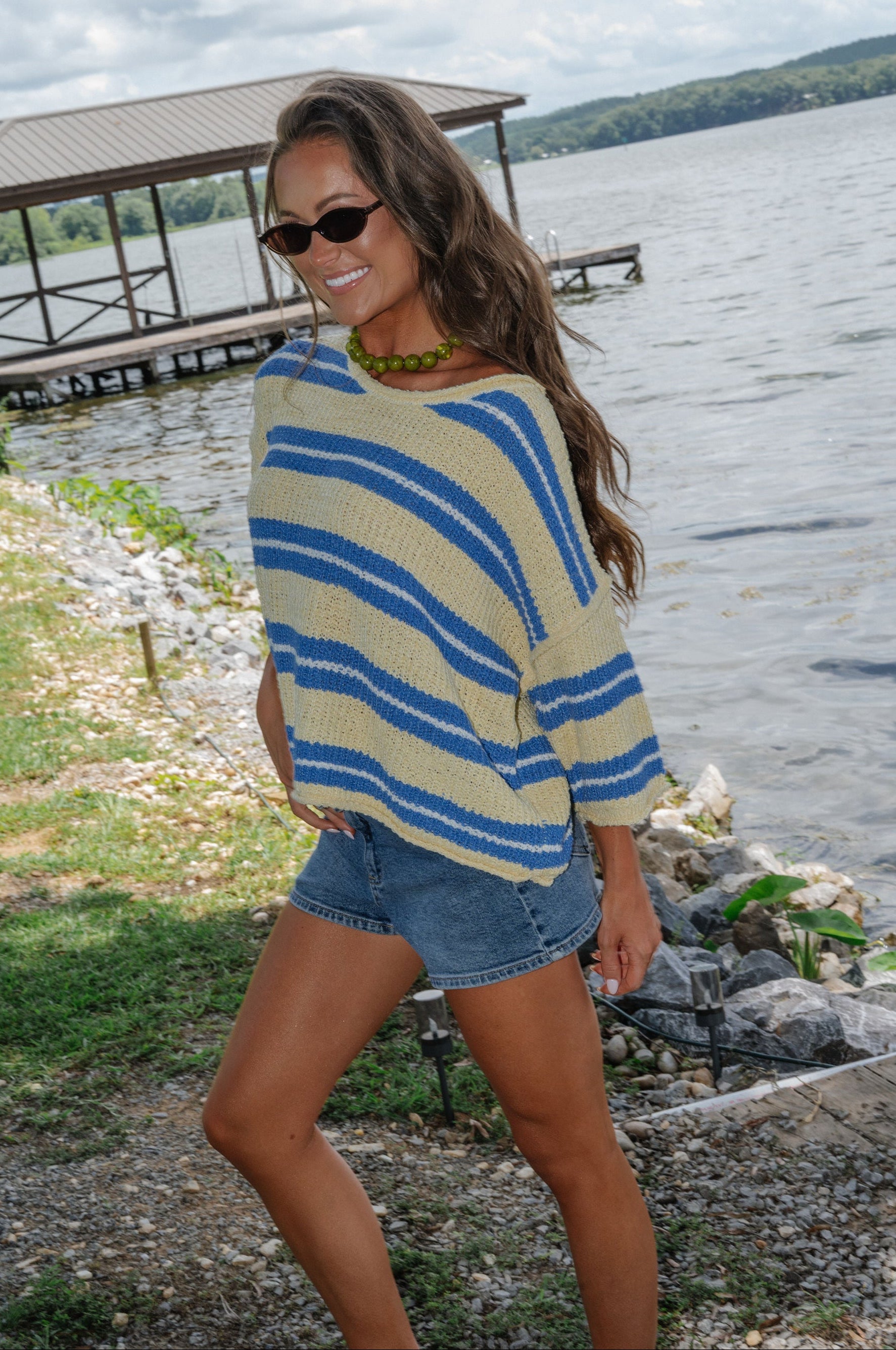 Penelope Short Sleeve Striped Sweater-Yellow/Blue