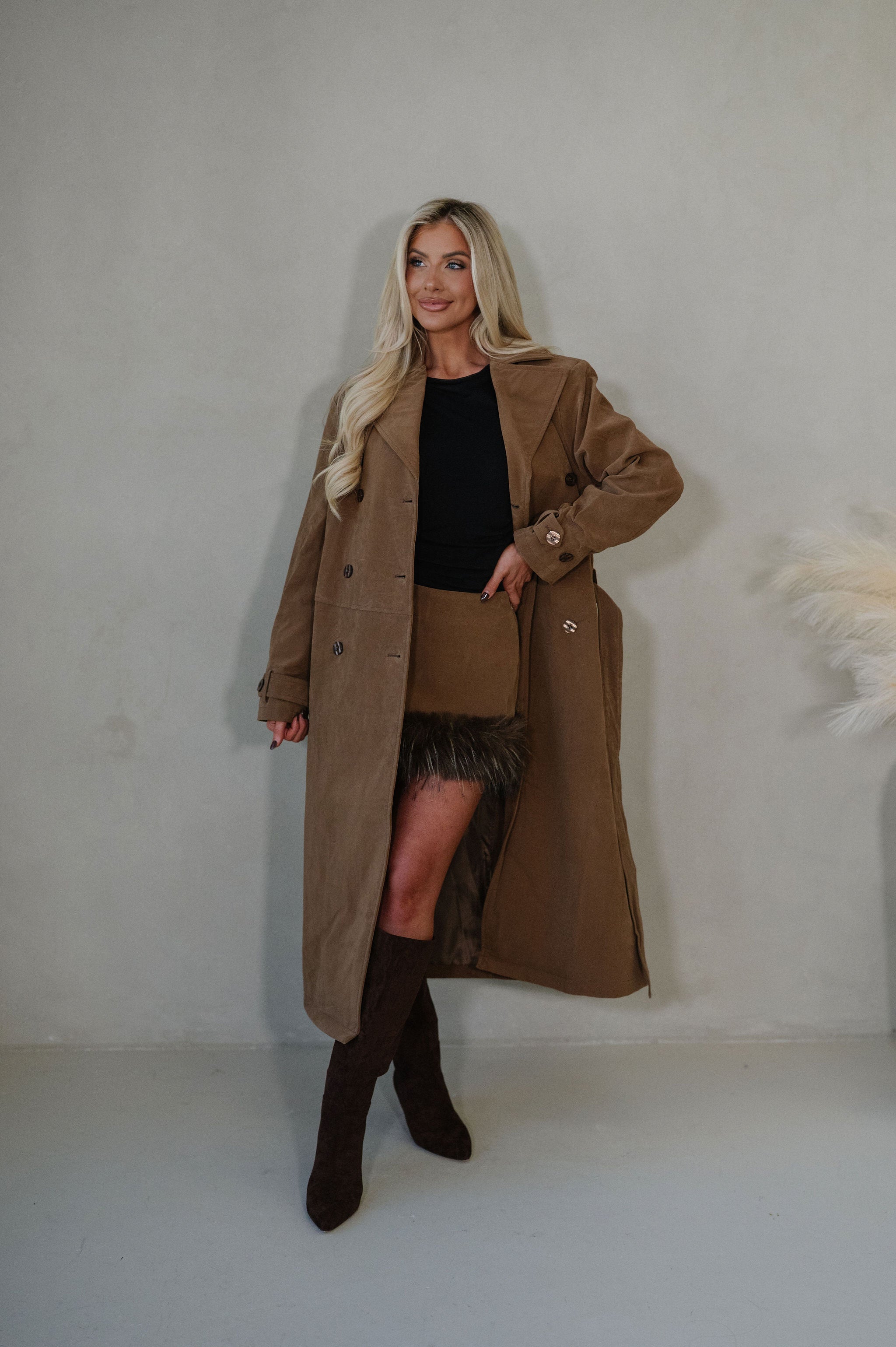 Roxanne Faux Suede Coat-Taupe