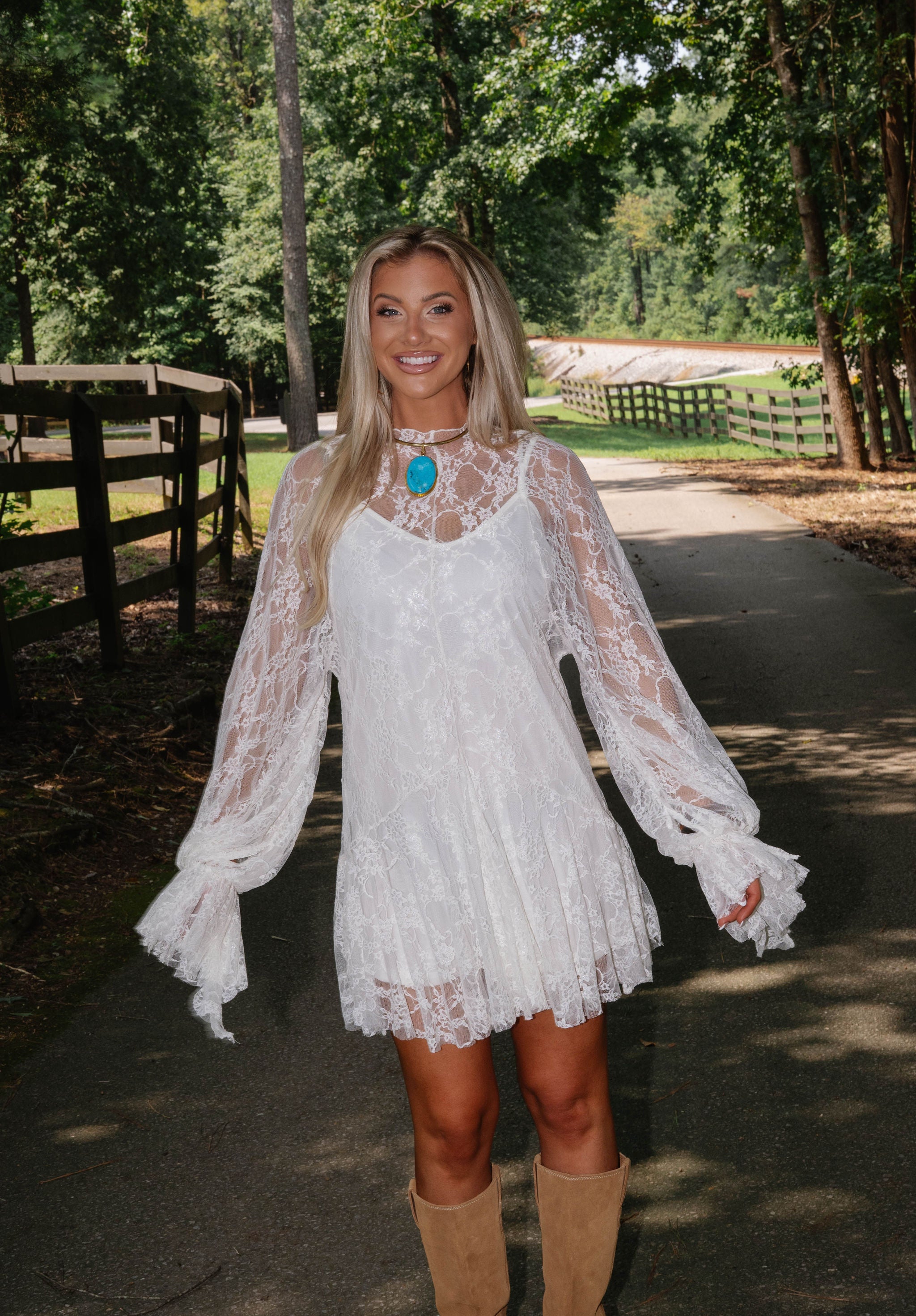 Floral Lace Layered Mini Dress-Cream