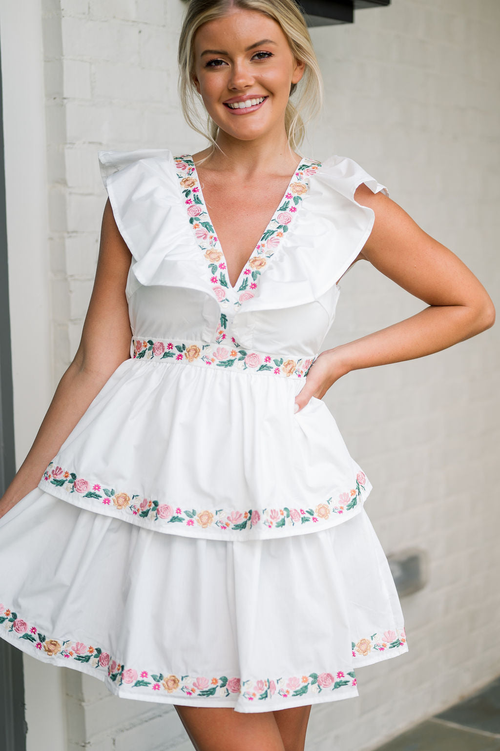 Emmy Floral Trim Dress-White
