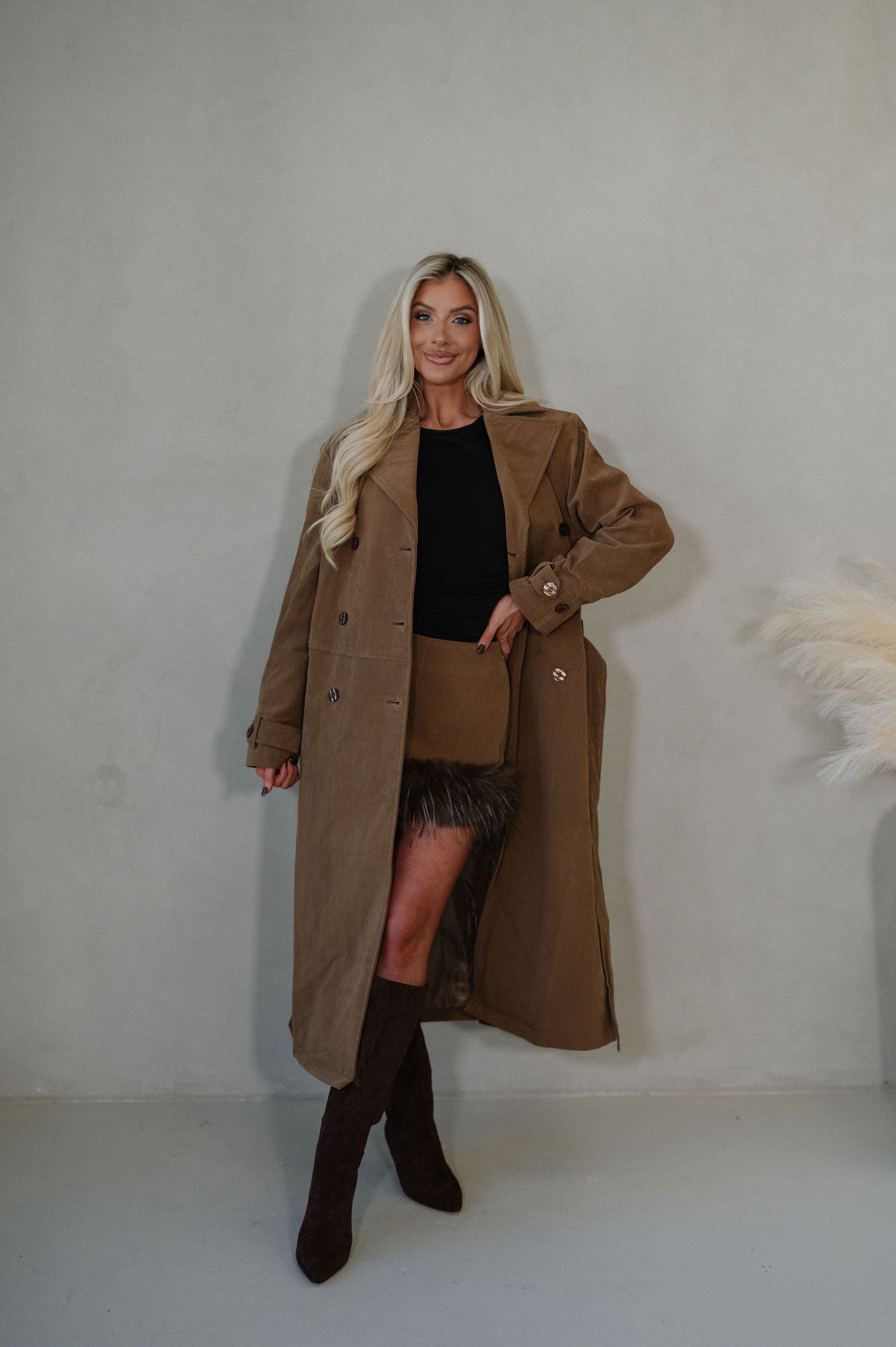 Roxanne Faux Suede Coat-Taupe