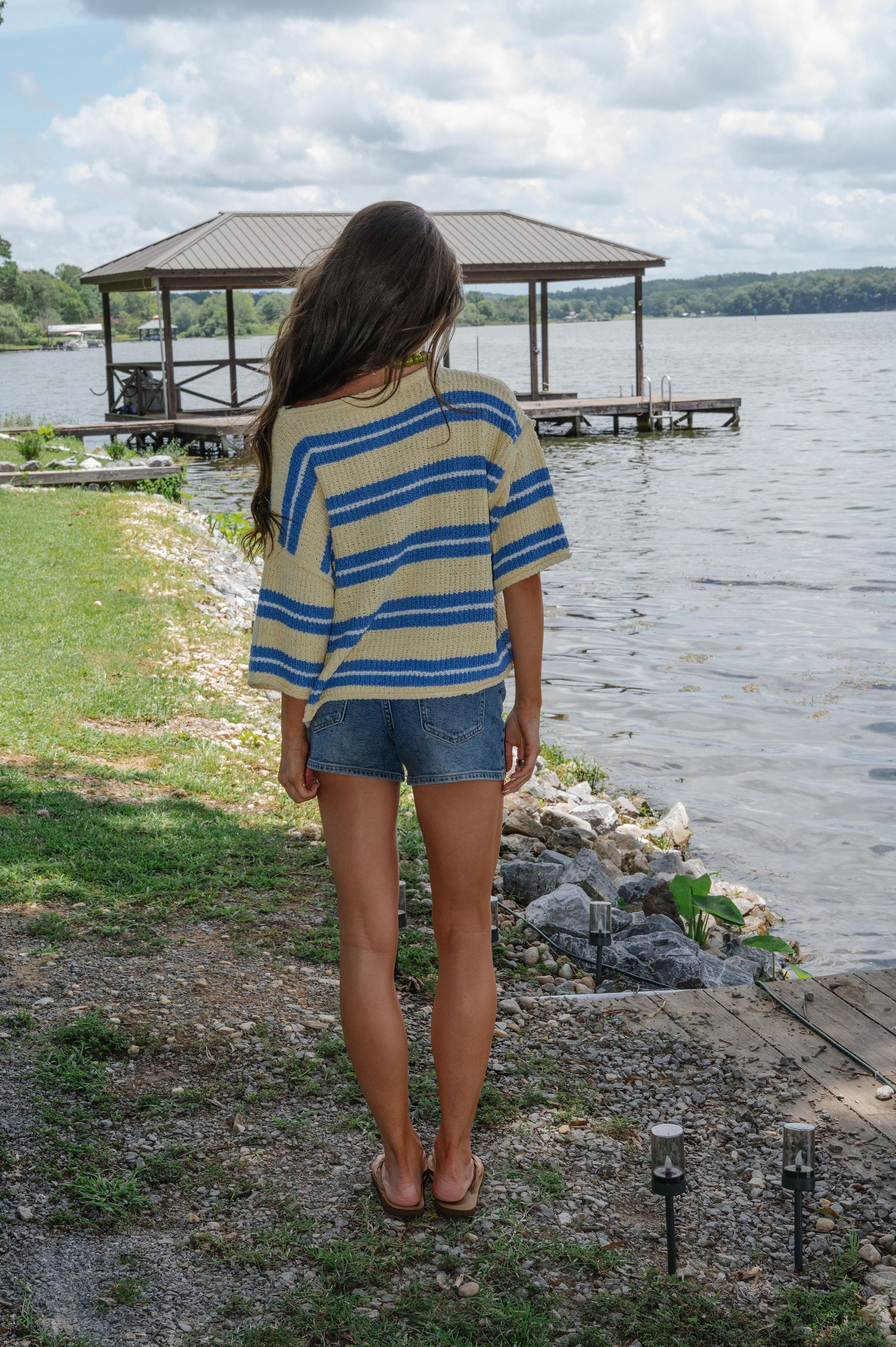 Penelope Short Sleeve Striped Sweater-Yellow/Blue