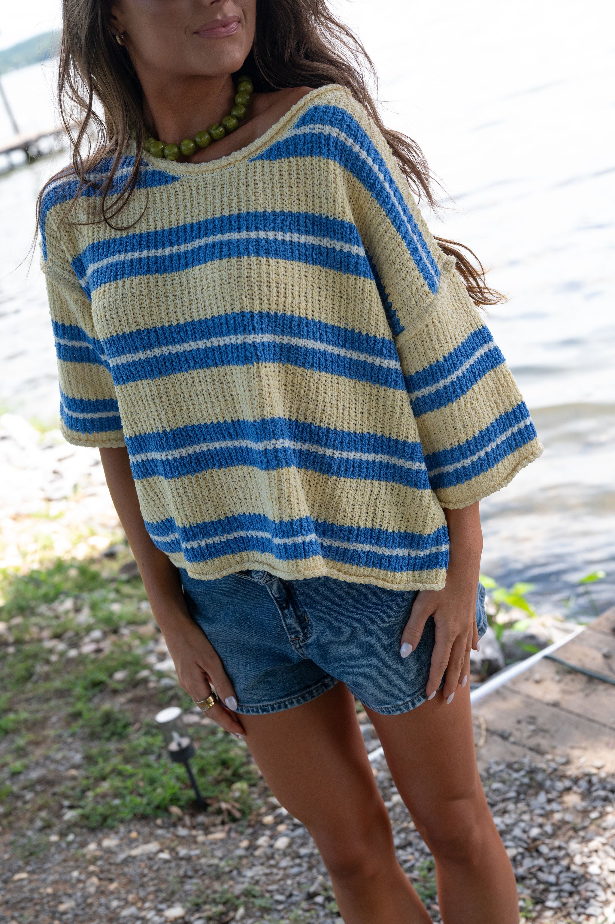 Penelope Short Sleeve Striped Sweater-Yellow/Blue