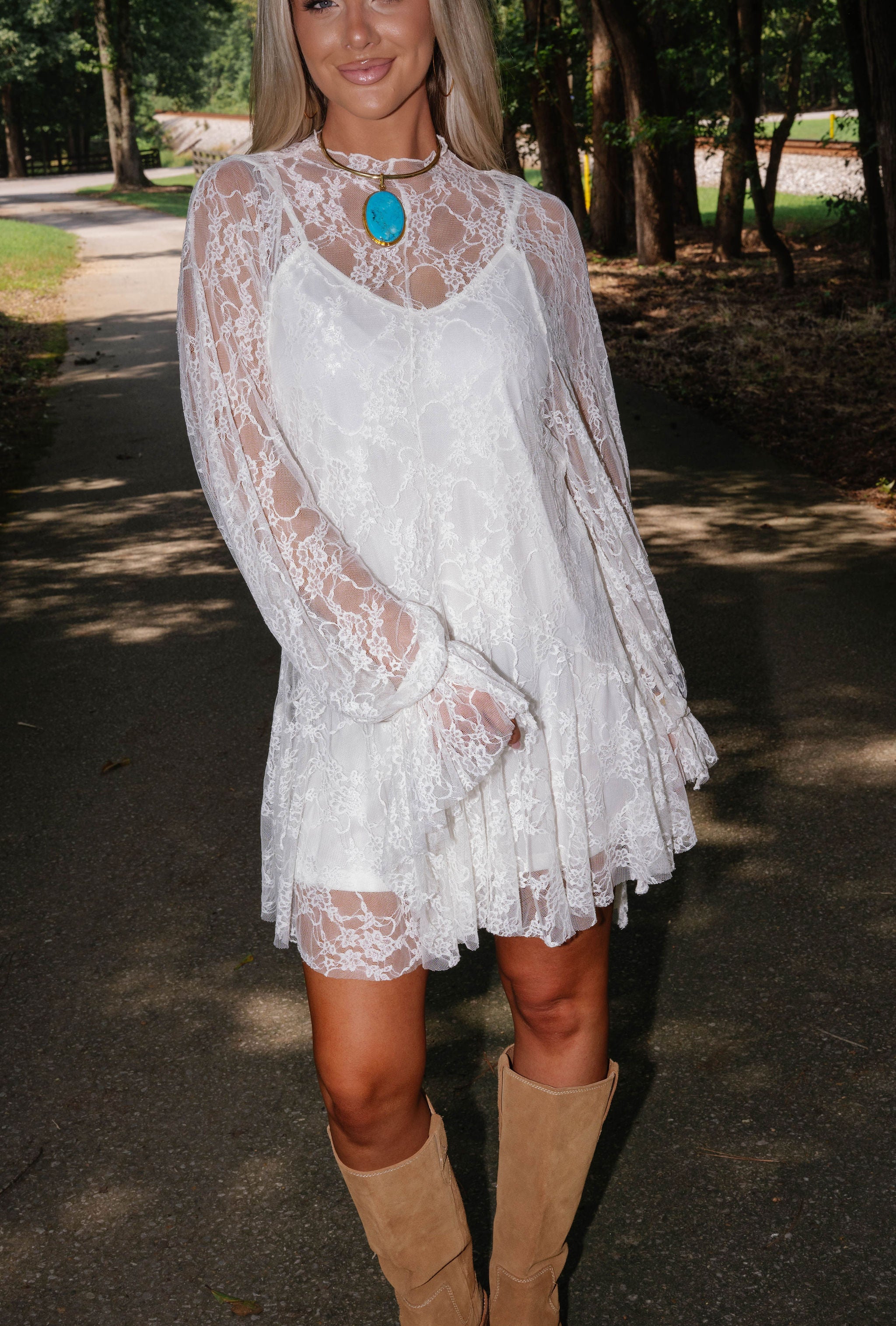 Floral Lace Layered Mini Dress-Cream