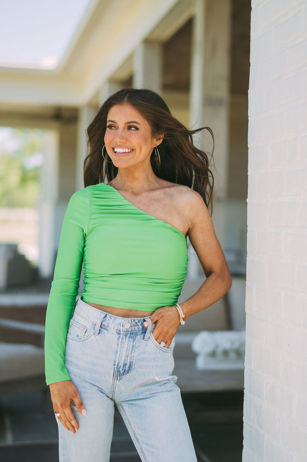 Green one shoulder cheap crop top