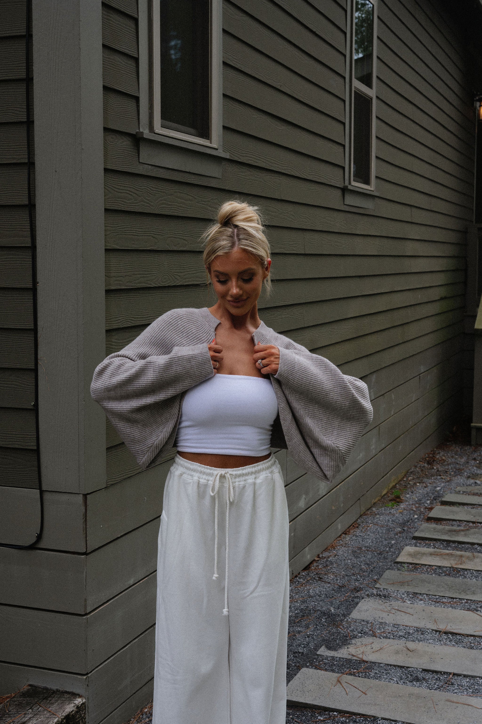 Knit Drop Shoulder Cardigan-Heather Grey