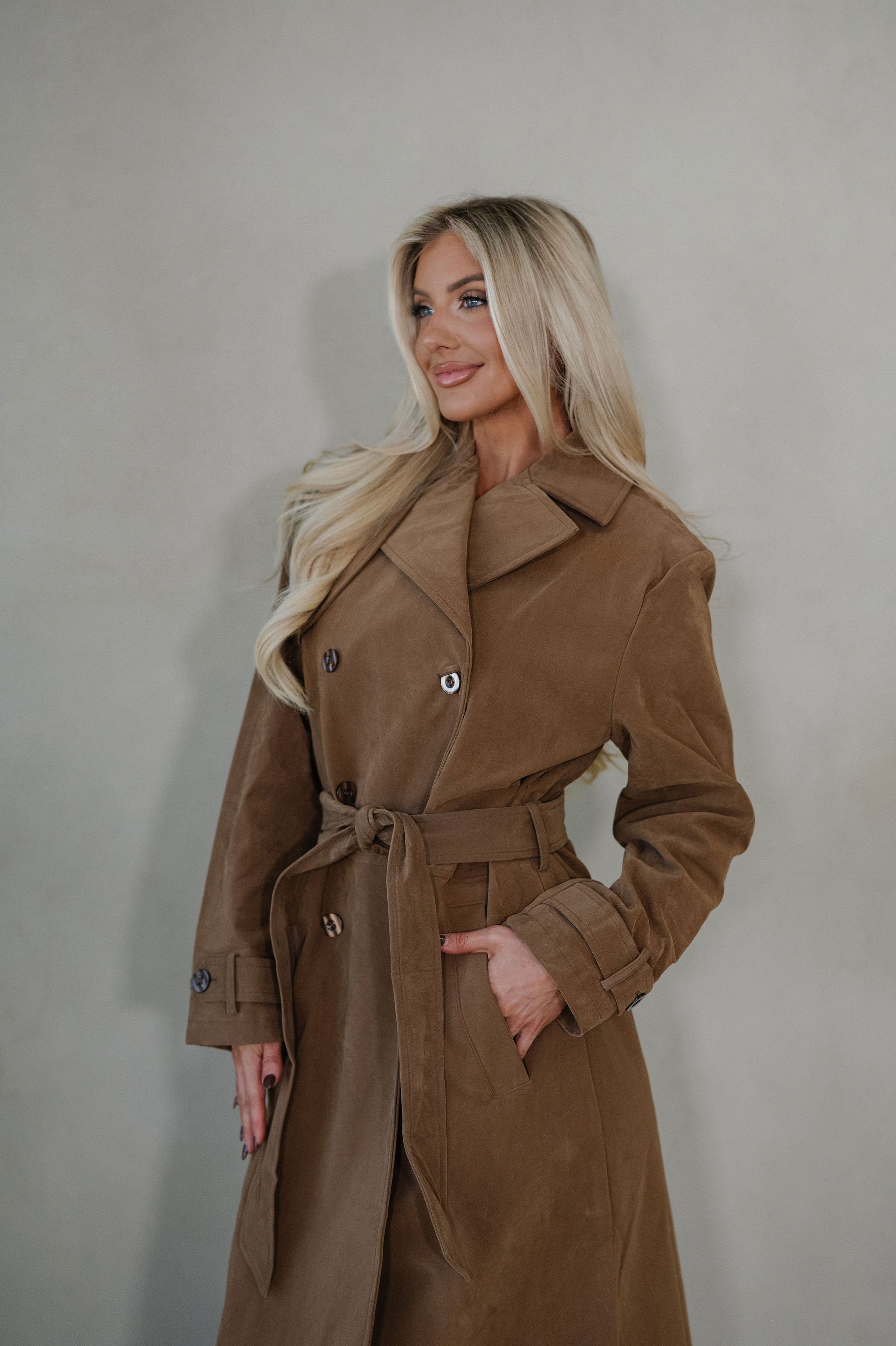 Roxanne Faux Suede Coat-Taupe