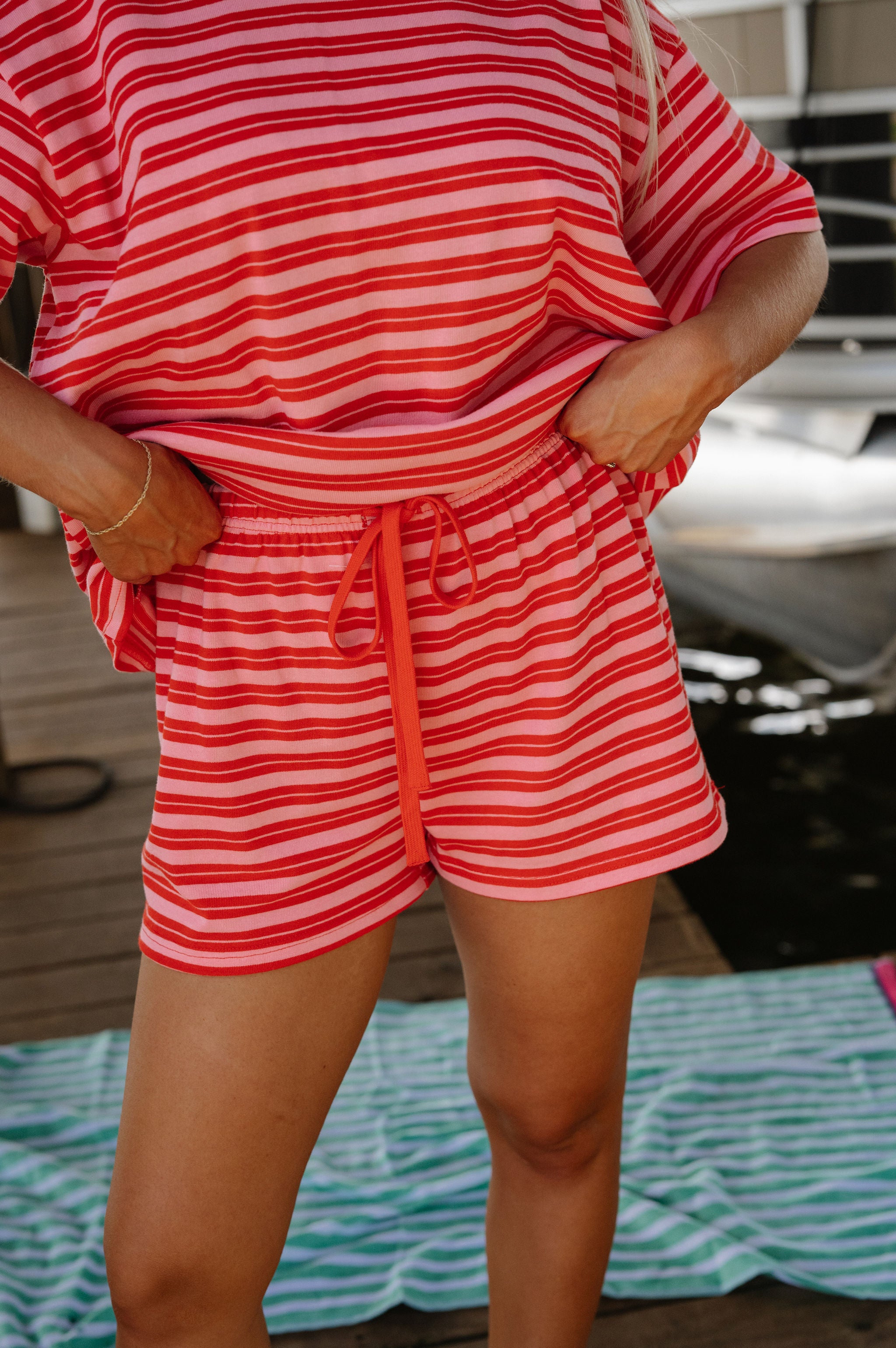 Marina Striped Shorts Set-Pink/Red