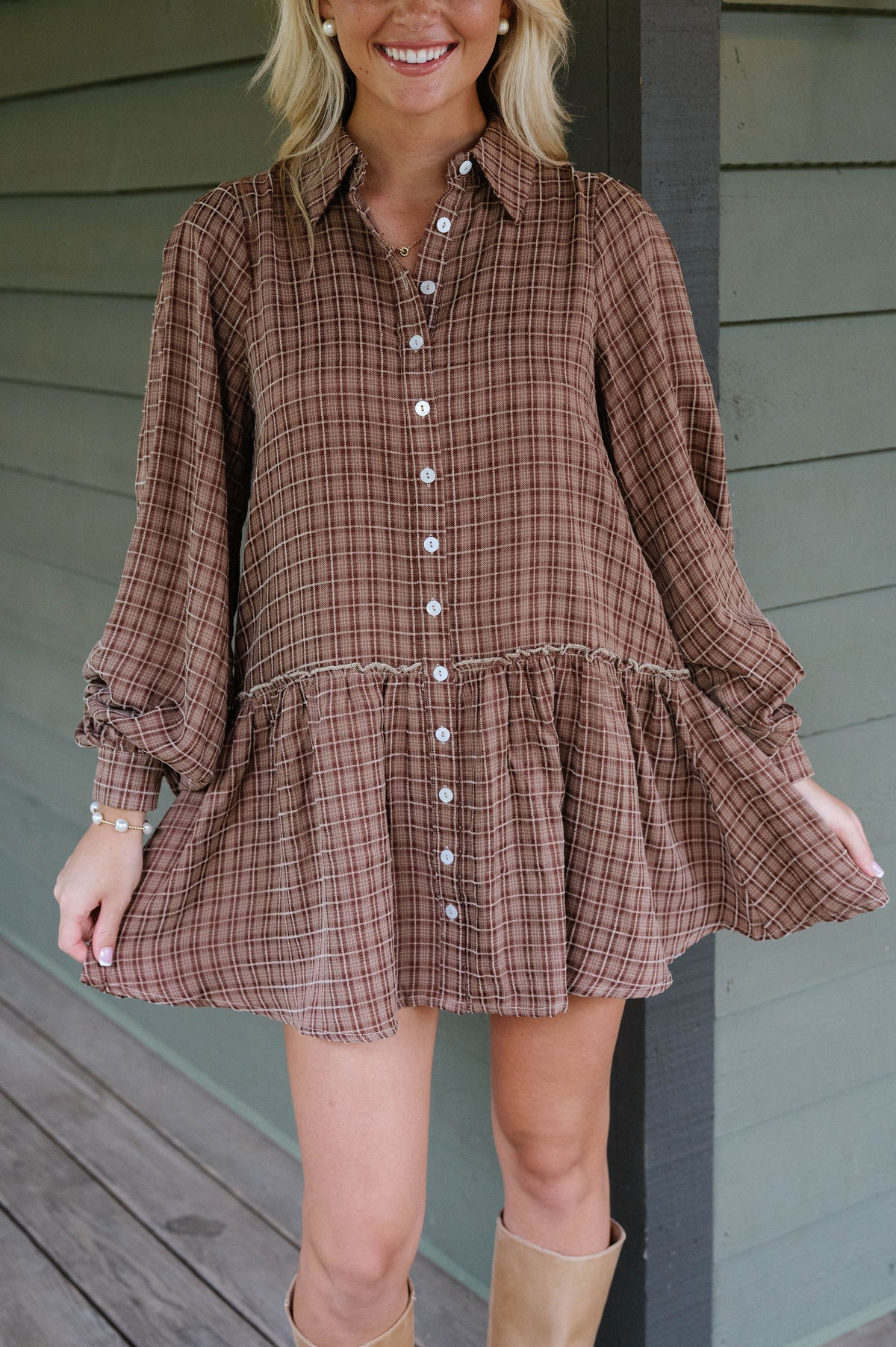 Caden Plaid Shirt Mini Dress-Brown